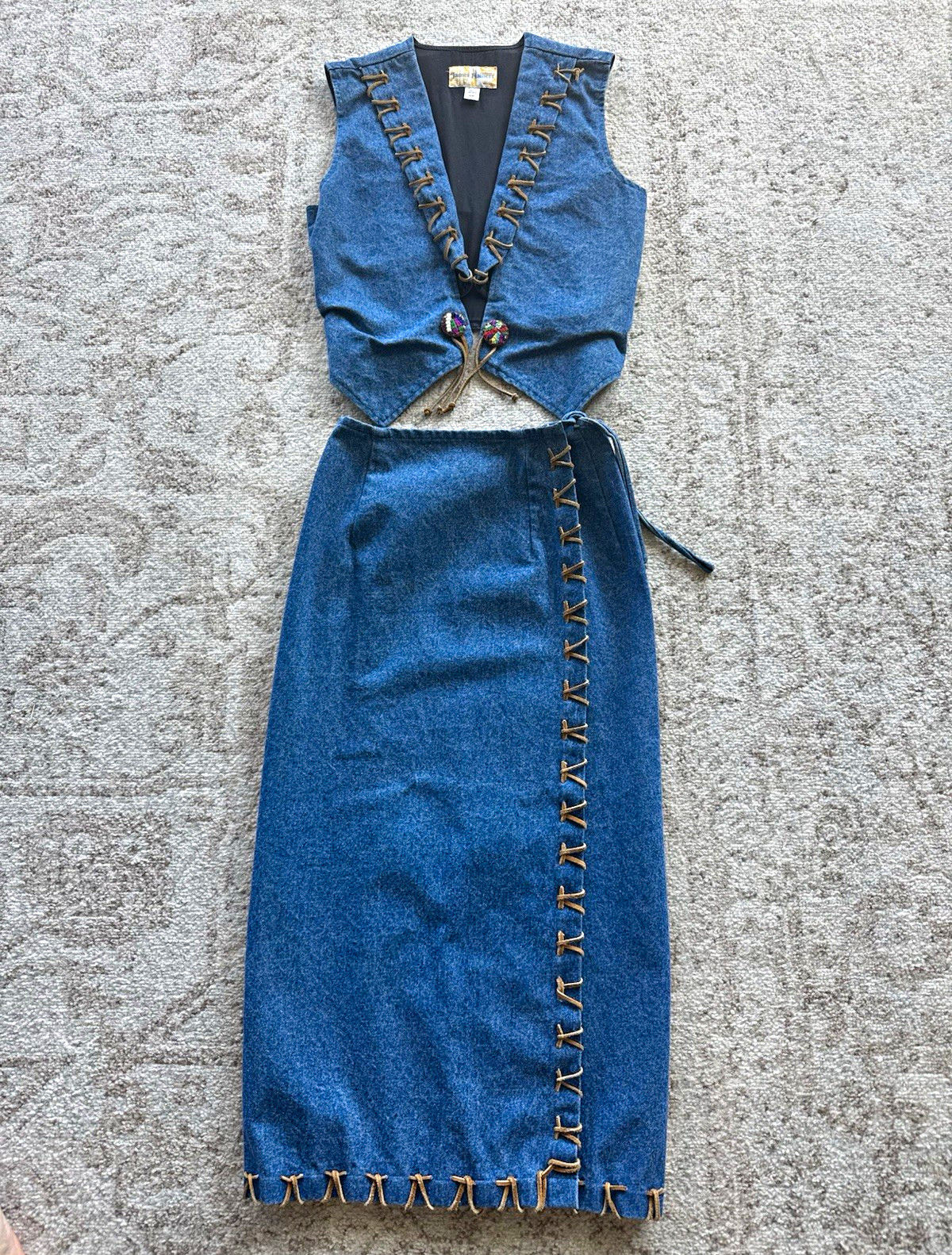 VINTAGE James Halbert Blue Denim 2pc Vest Skirt Set S Western Lace-Up Tie V-Neck