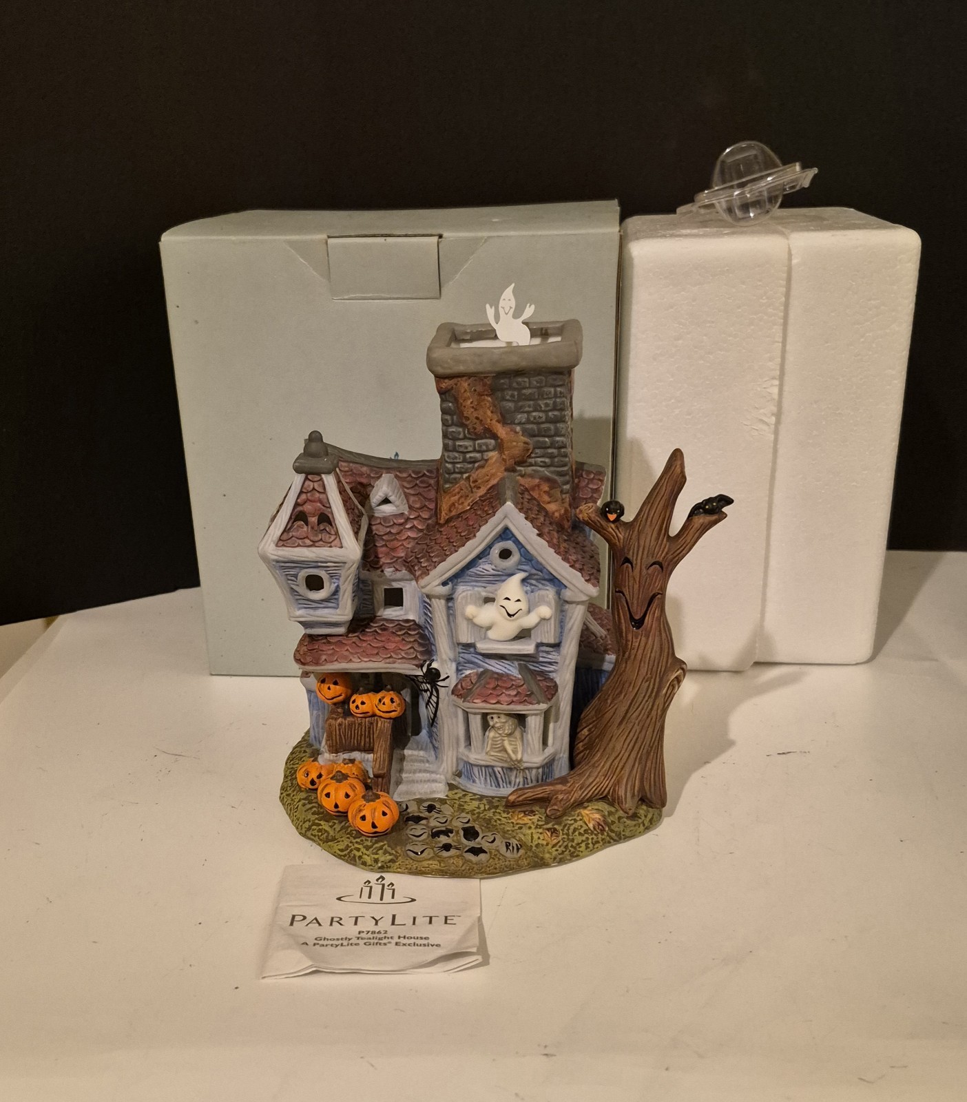 PartyLite Ghostly Tealight House P7862 Ceramic Halloween Haunted Candle Holder 