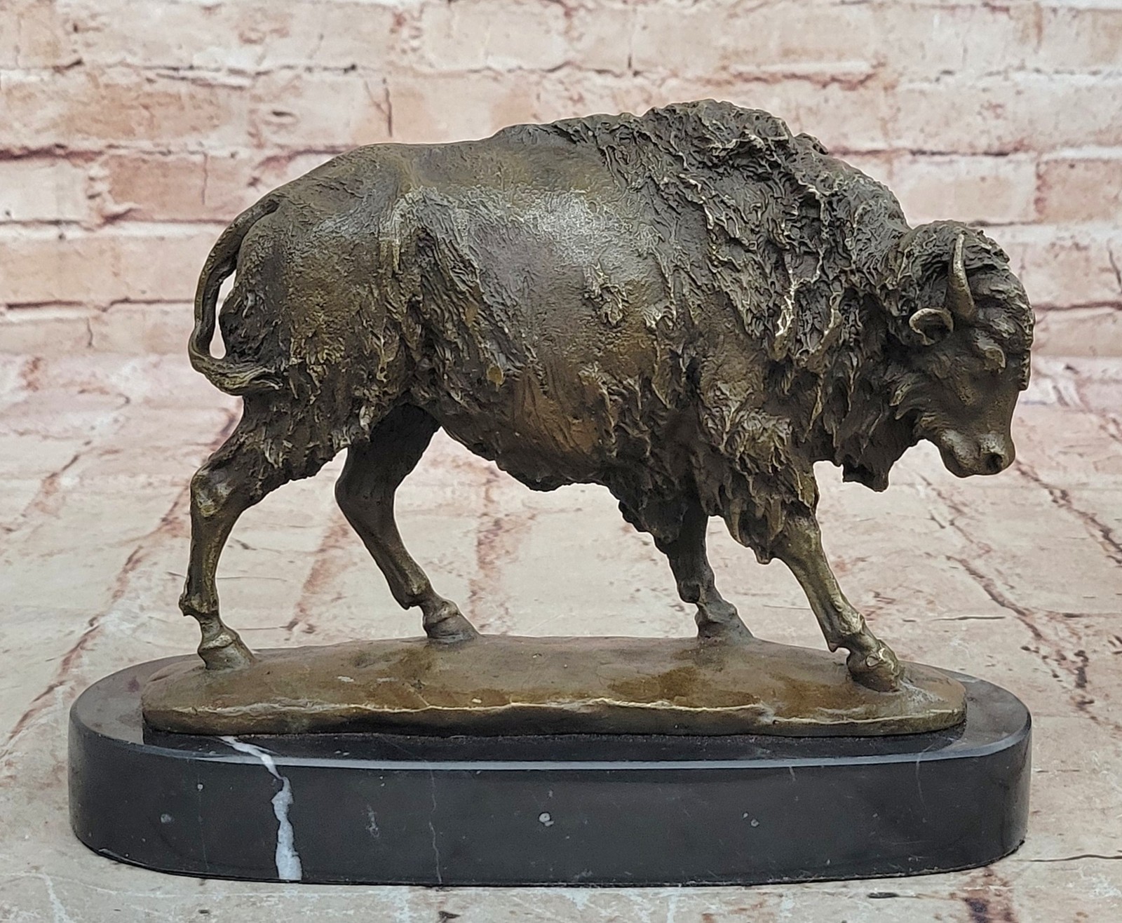 American Buffalo Bison Western Decor Bronze Marble Base Statue Sculpture Artwork