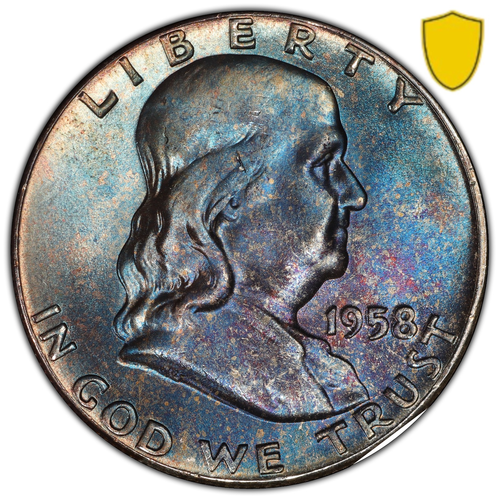 1958 Toned Franklin Half Dollar PCGS MS 65 Electric Blue Toning Silver Coin 50C