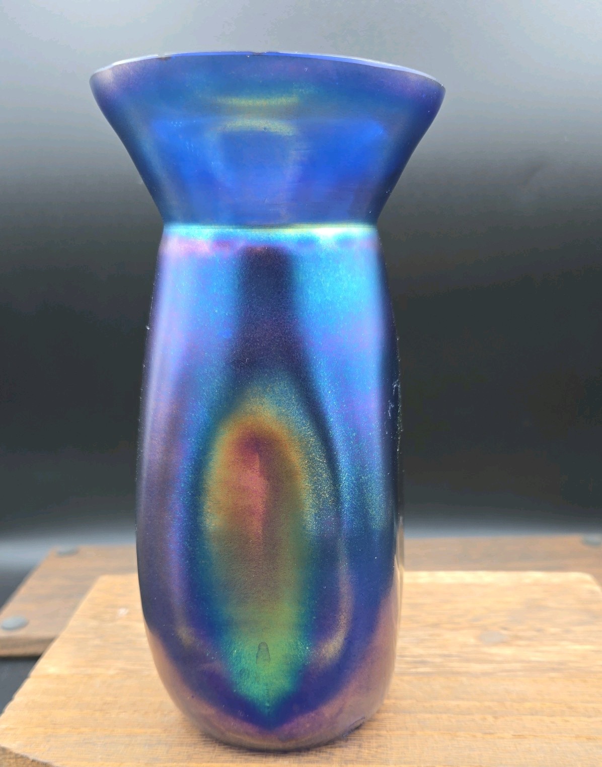 Antique Kralik Bohemian Art Glass Vase Iridescent Cobalt Oil Slick Dimpled 7\
