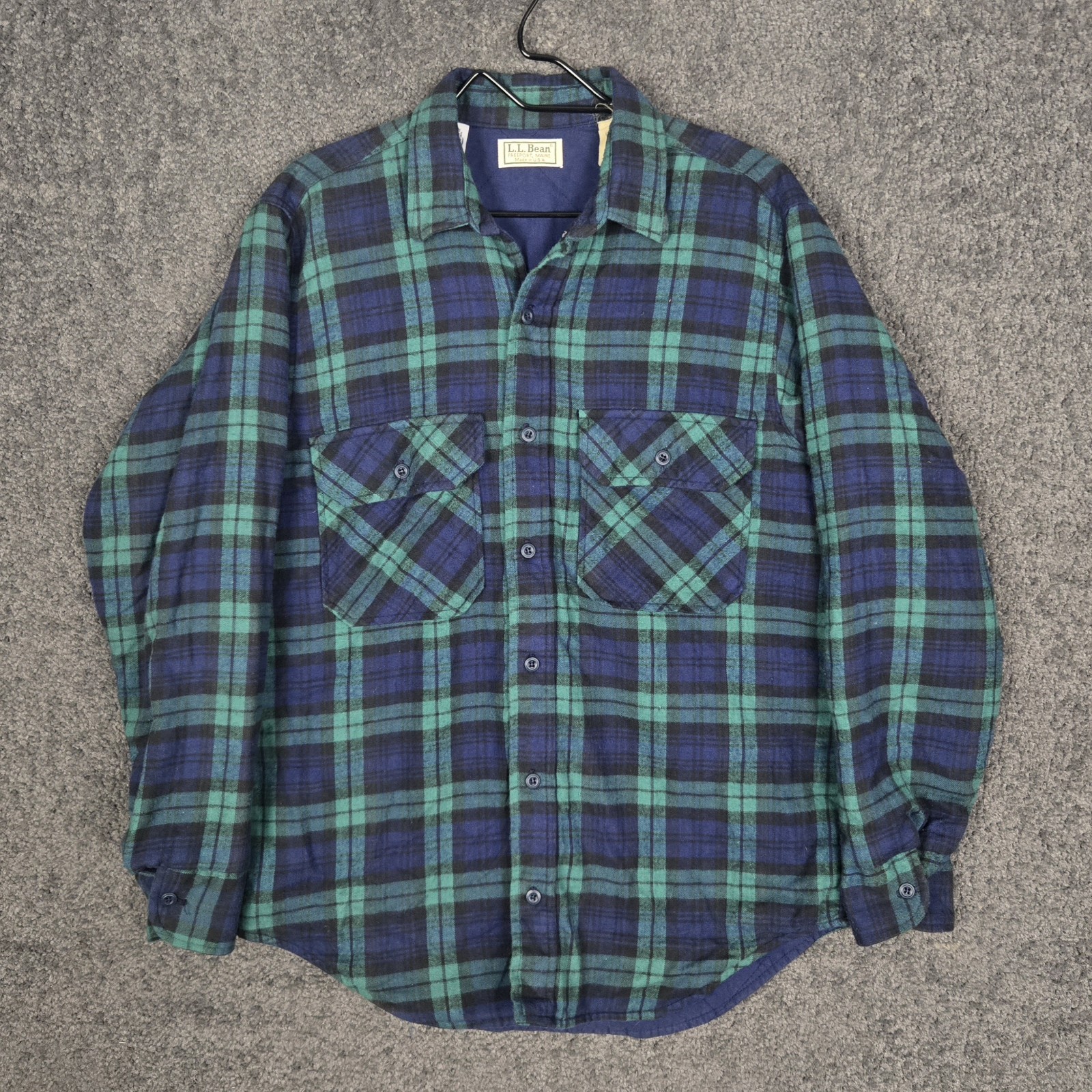 Vintage LL Bean Shacket Men\'s Medium Blue Green Plaid Pockets Button Up