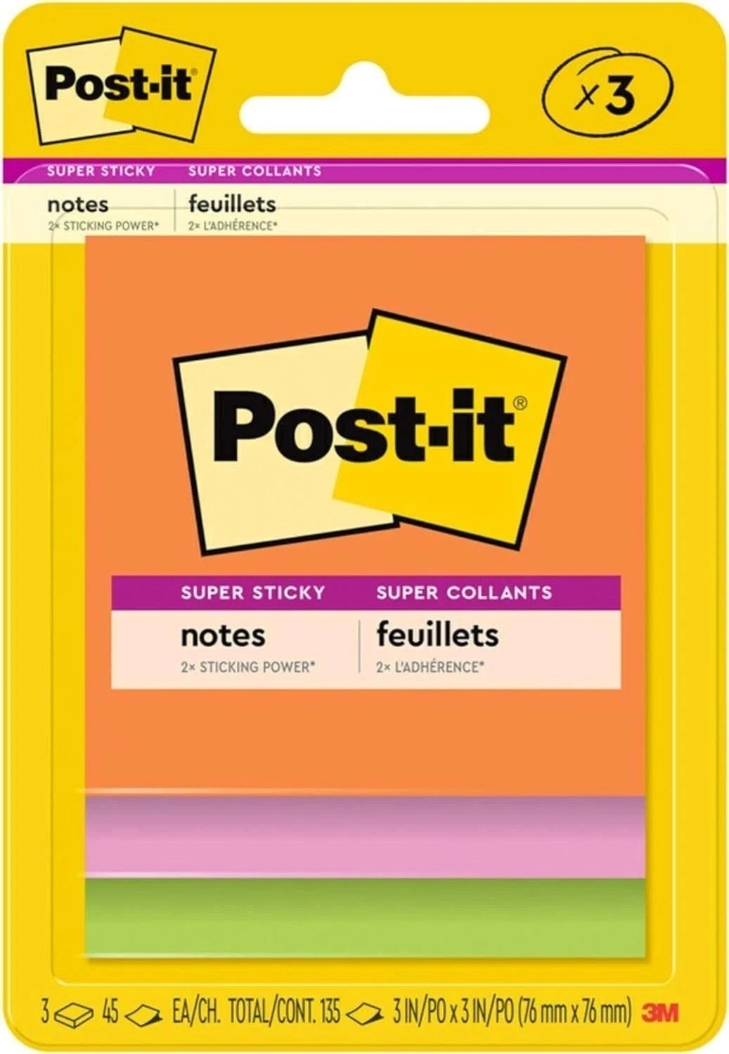 Post-it Super Sticky Notes, 3 Sticky Note Pads, 3 x 3 in., School Supplies for S