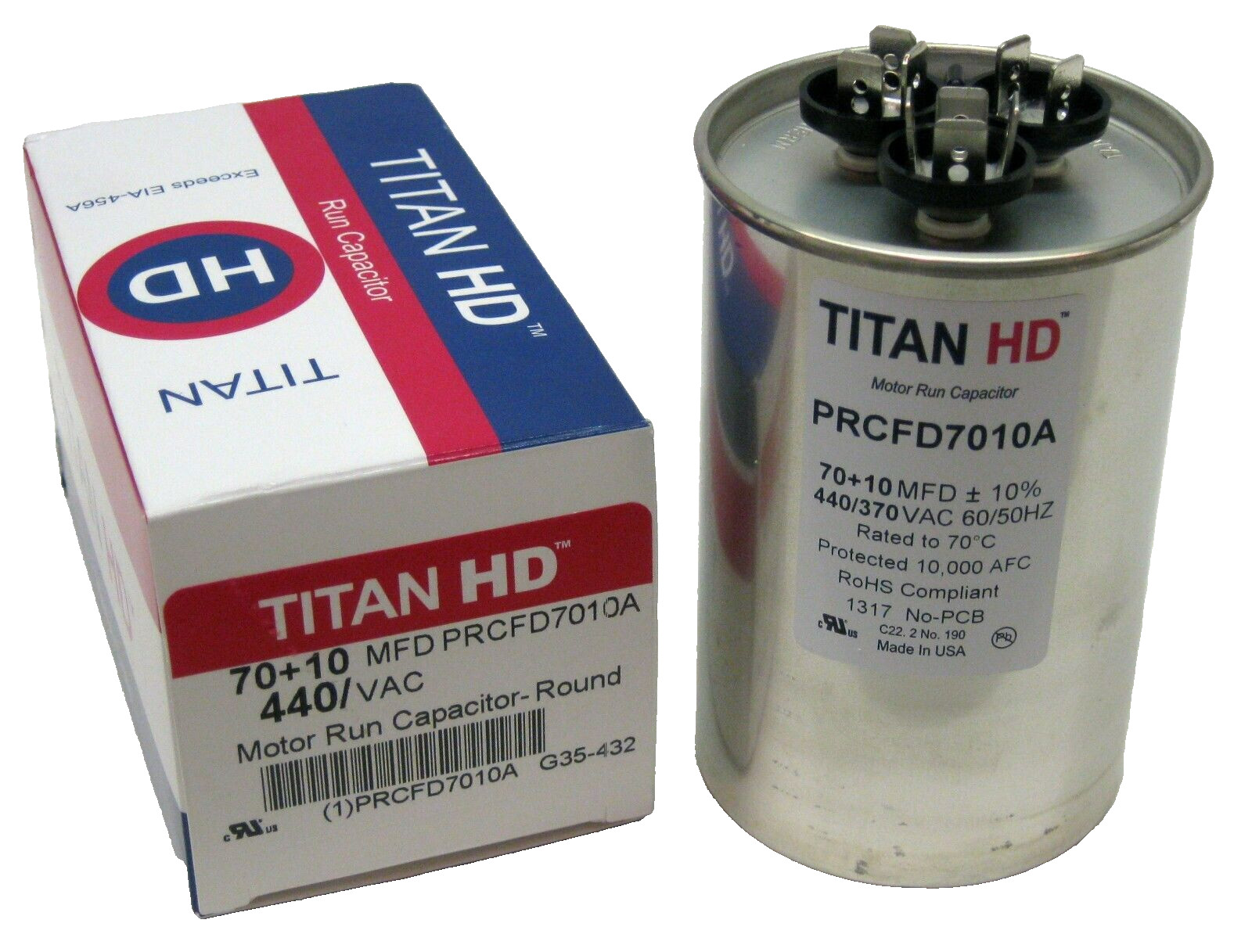 Titan HD PRCFD7010A HVAC Round Run Capacitor 70/10 MFD/UF 440 Volts USA MADE
