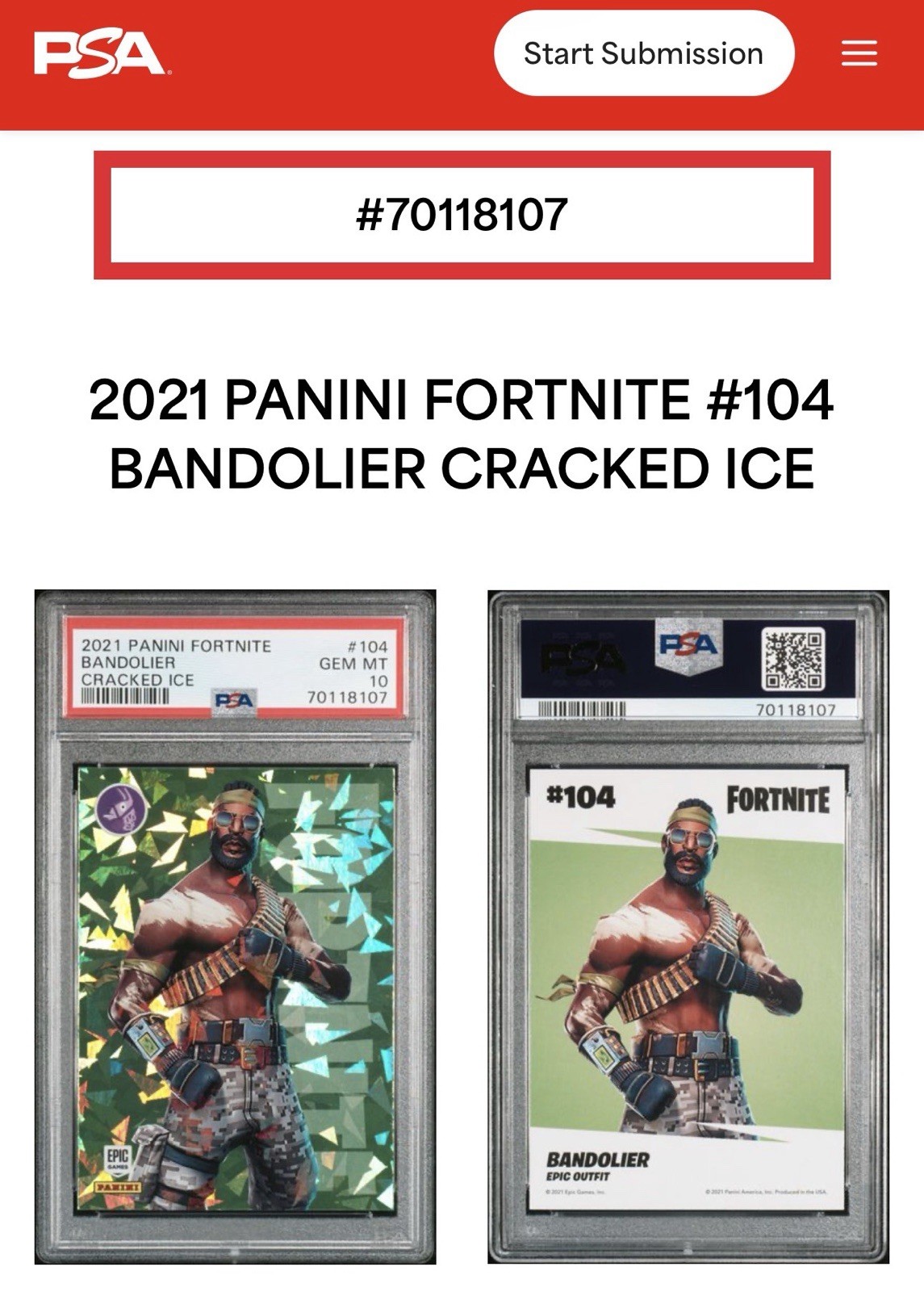 BANDOLIER 2021 Fortnite Panini #104 CRACKED ICE PSA 10 POP 10‼️🤯BAD MUTHA CARD