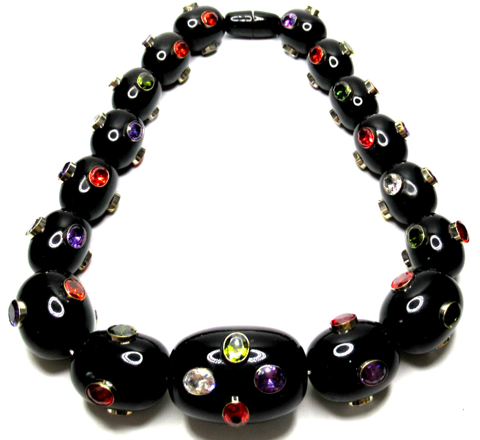 Amazing HUGE Black Lucite Bead Bezel Set Genuine Gemstone Necklace