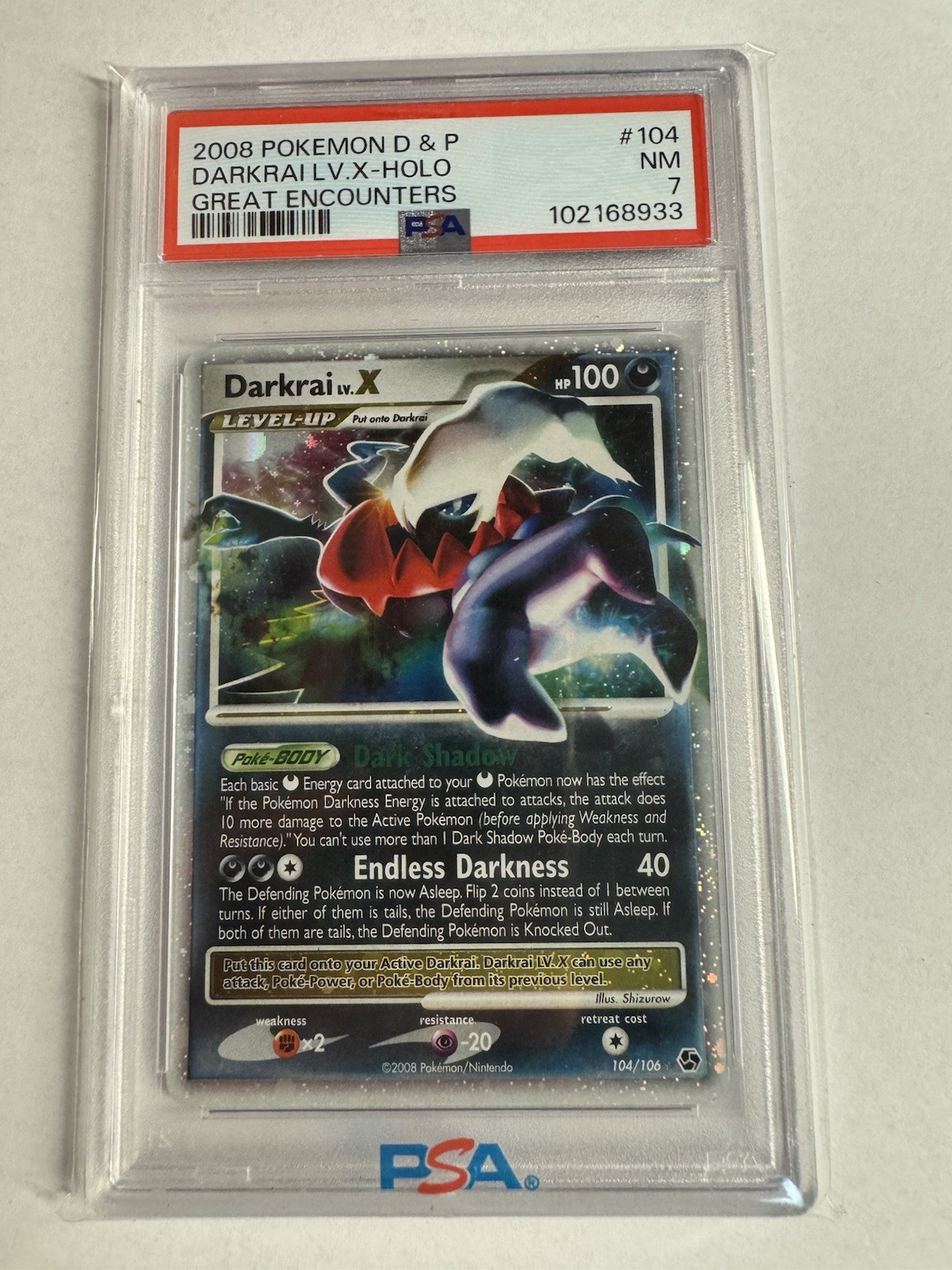 2008 POKEMON DIAMOND & PEARL GREAT ENCOUNTERS #104 DARKRAI LV.X-HOLO PSA 7