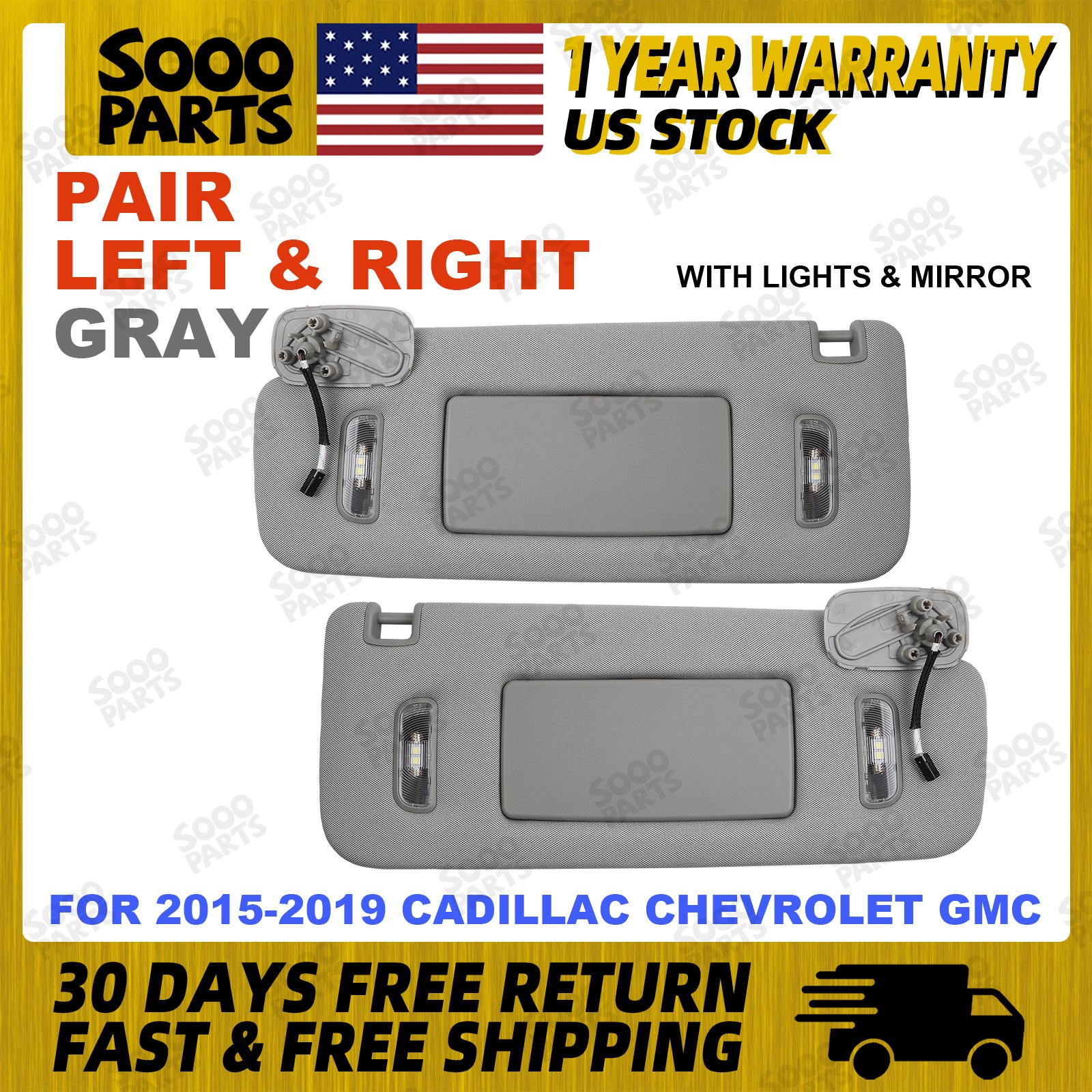 Pair Gray Left & Right Side Sun Visor W/ Light For 15-19 Cadillac Chevrolet GMC
