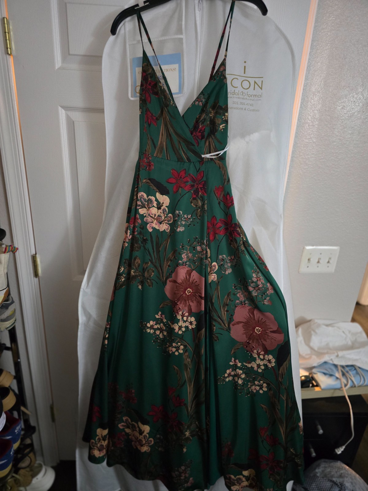 LULUS Still the One Emerald Green Floral Print Satin Maxi Dress Medium
