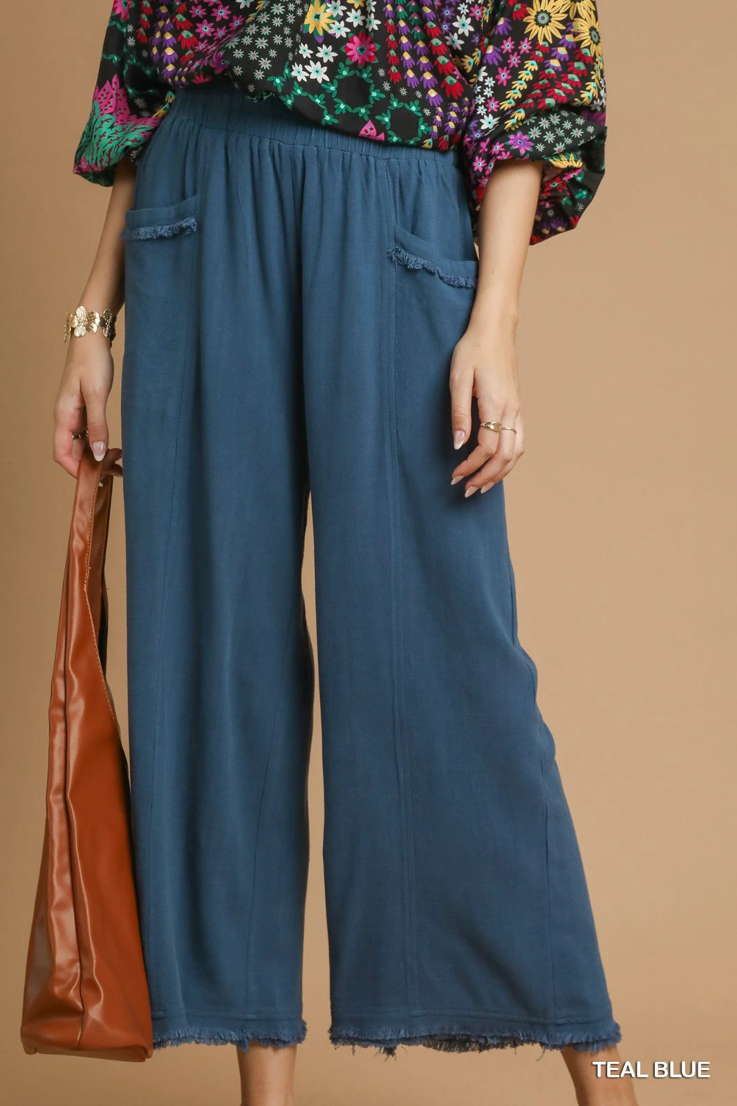 Umgee Teal Blue Linen Wide Leg Frayed Hem Palazzo Pants with Front Pockets