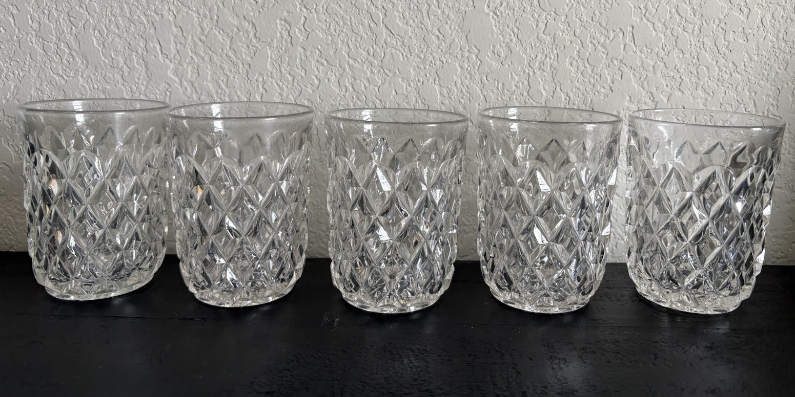 5 Antique Clear Glasses Diamond Design, 4 inches Tall