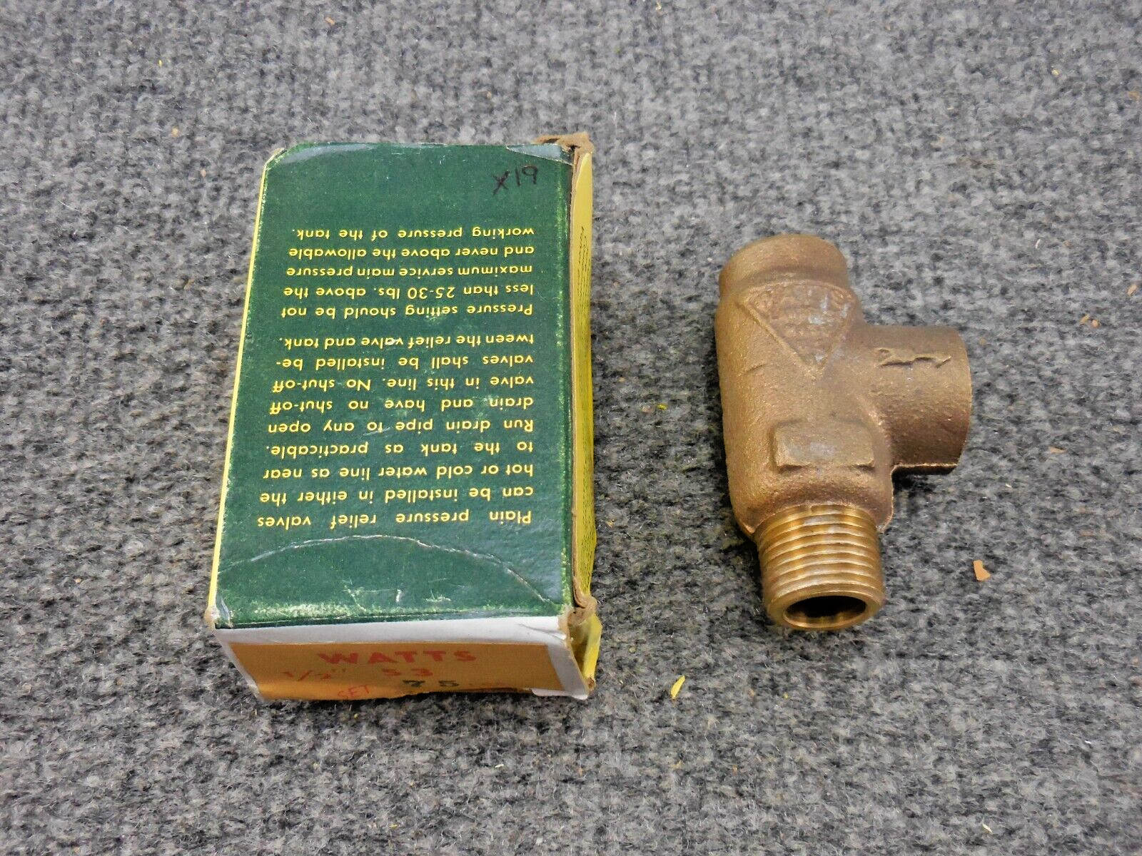 New Unused Watts 53 Poppet Type Pressure Relief Valve Set at 75 LBS 1/2 in.