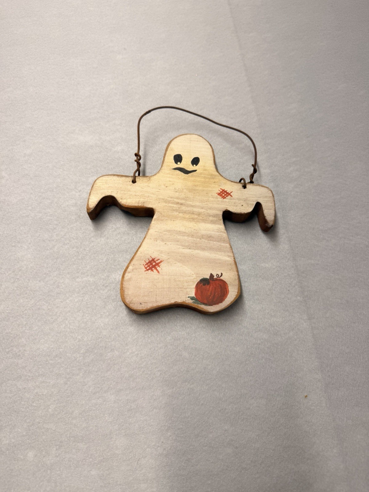Primitive Wood Ghost Halloween Hanger Hand Painted Folk Art Pumpkin Decor