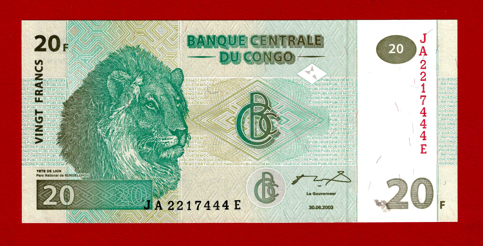 20 FRANCS 2003 CONGO UNC Note (P-94a) Prefix: JA - Hôtel des Monnaies, Kinshasa
