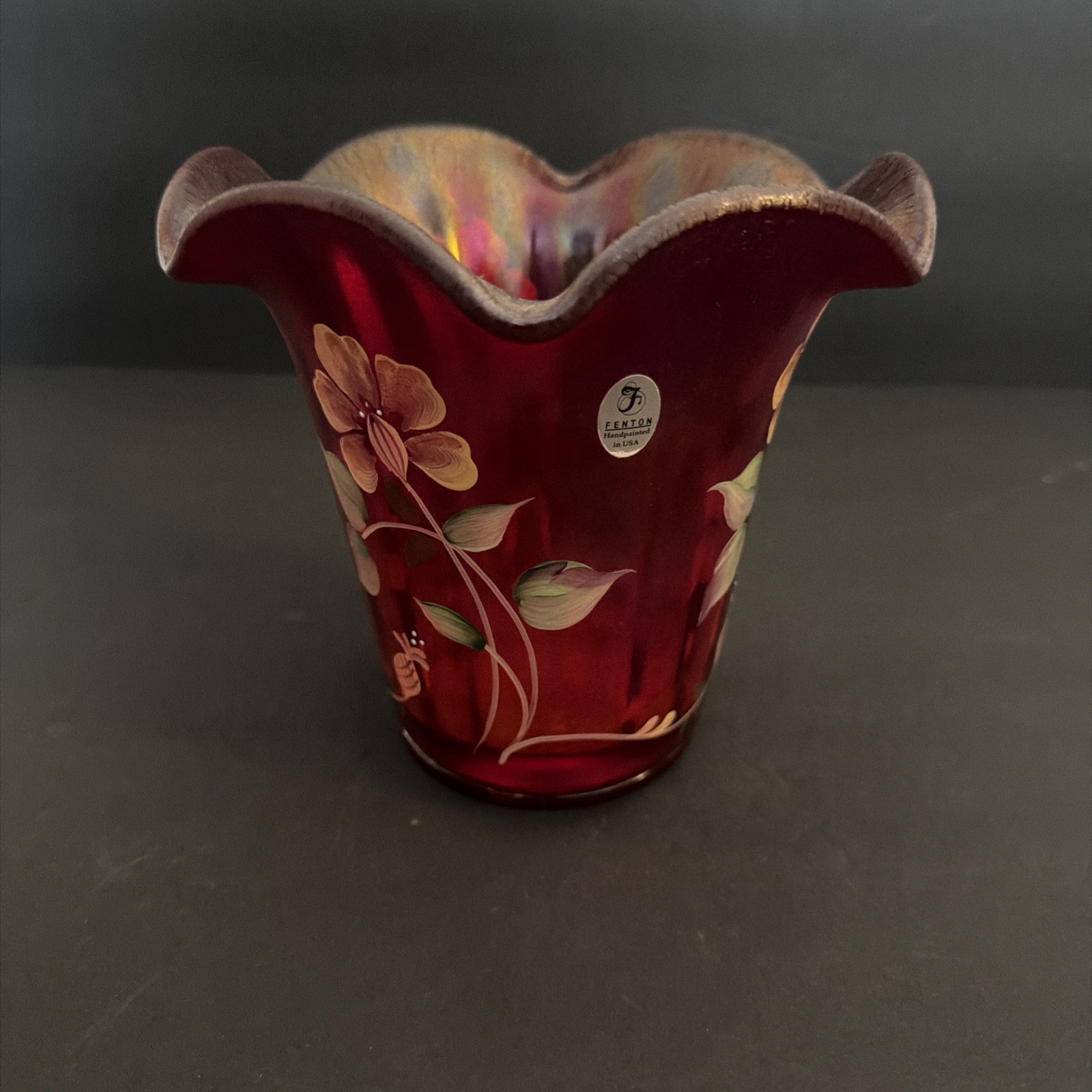Fenton Glass 100th Anniversary Founders Vase With Base-Hand Painted And Signed