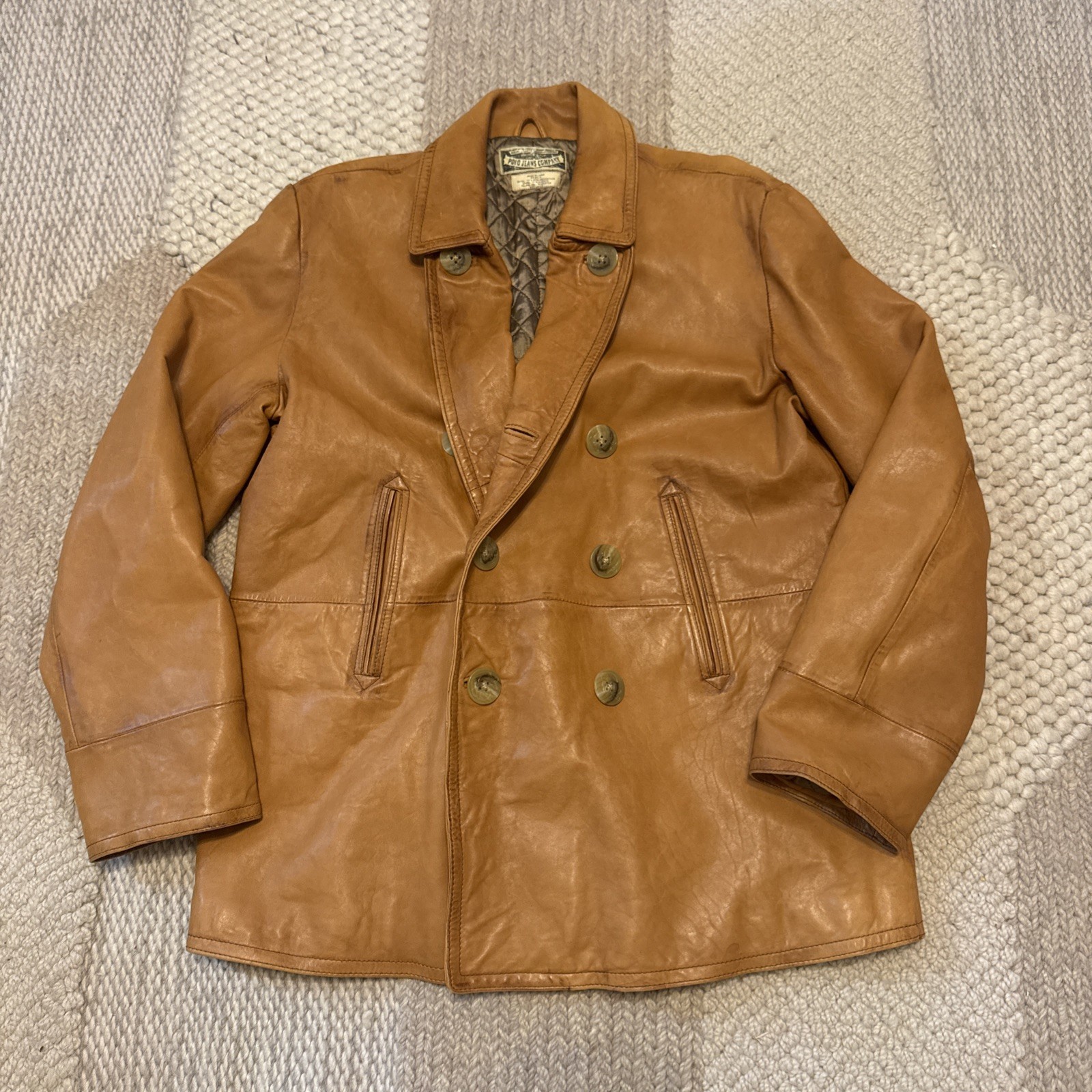 Polo Ralph Lauren L Tan Cognac Leather RRL WWII Leather Breasted Peacoat Jacket Polo Ralph Lauren L Tan Cognac Leather RRL WWII Leather Breasted Peacoat Jacket