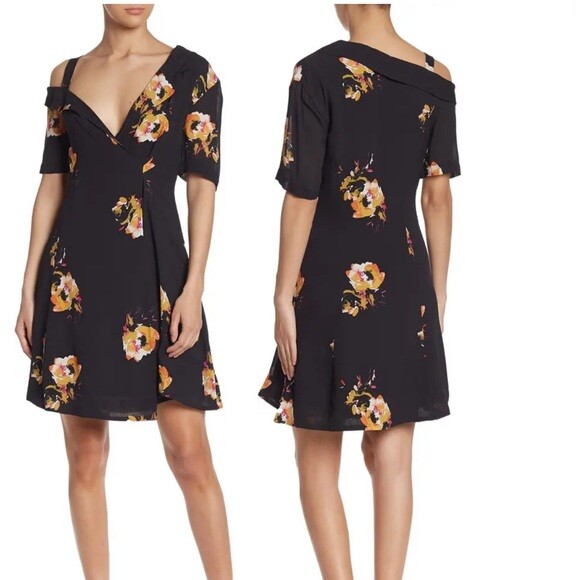NEW,  A.L.C. Lucia Floral Print Silk Cold Shoulder Dress in Black Size 8 #D4403
