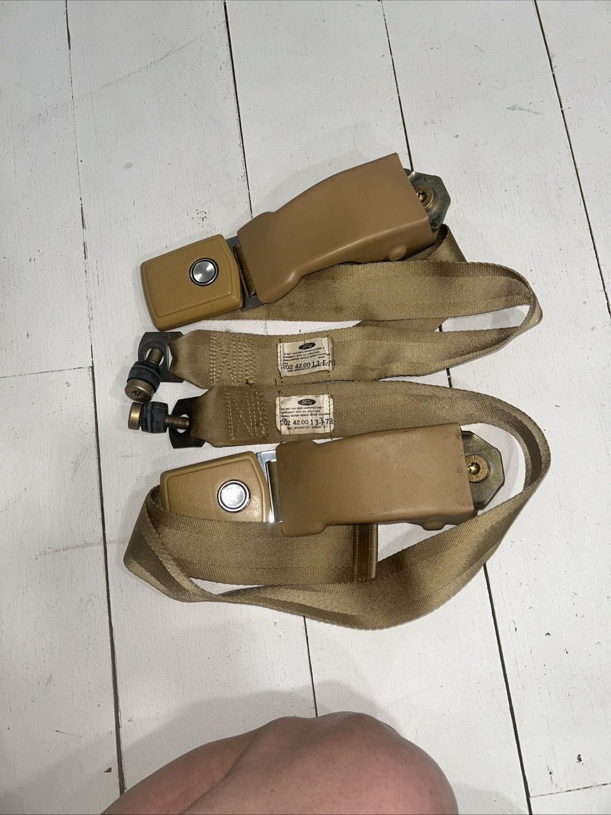 1970s Ford Rear Seatbelt Tan OEM - two 1970s Ford Rear Seatbelt Tan OEM - two