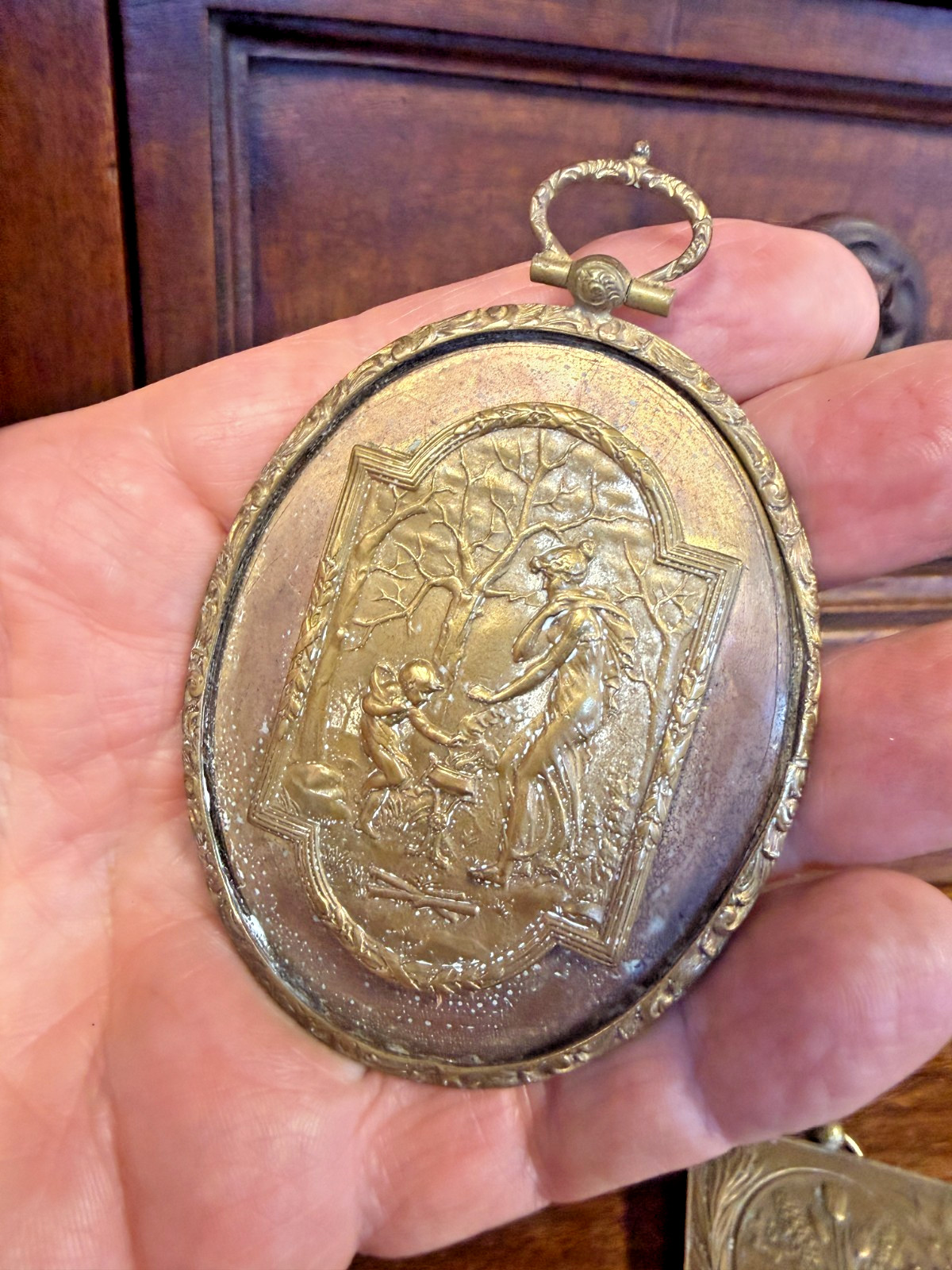 Vintage Antique ODD ART NOUVEAU European UNUSUAL PLAQUE Woman Child Yellow Metal