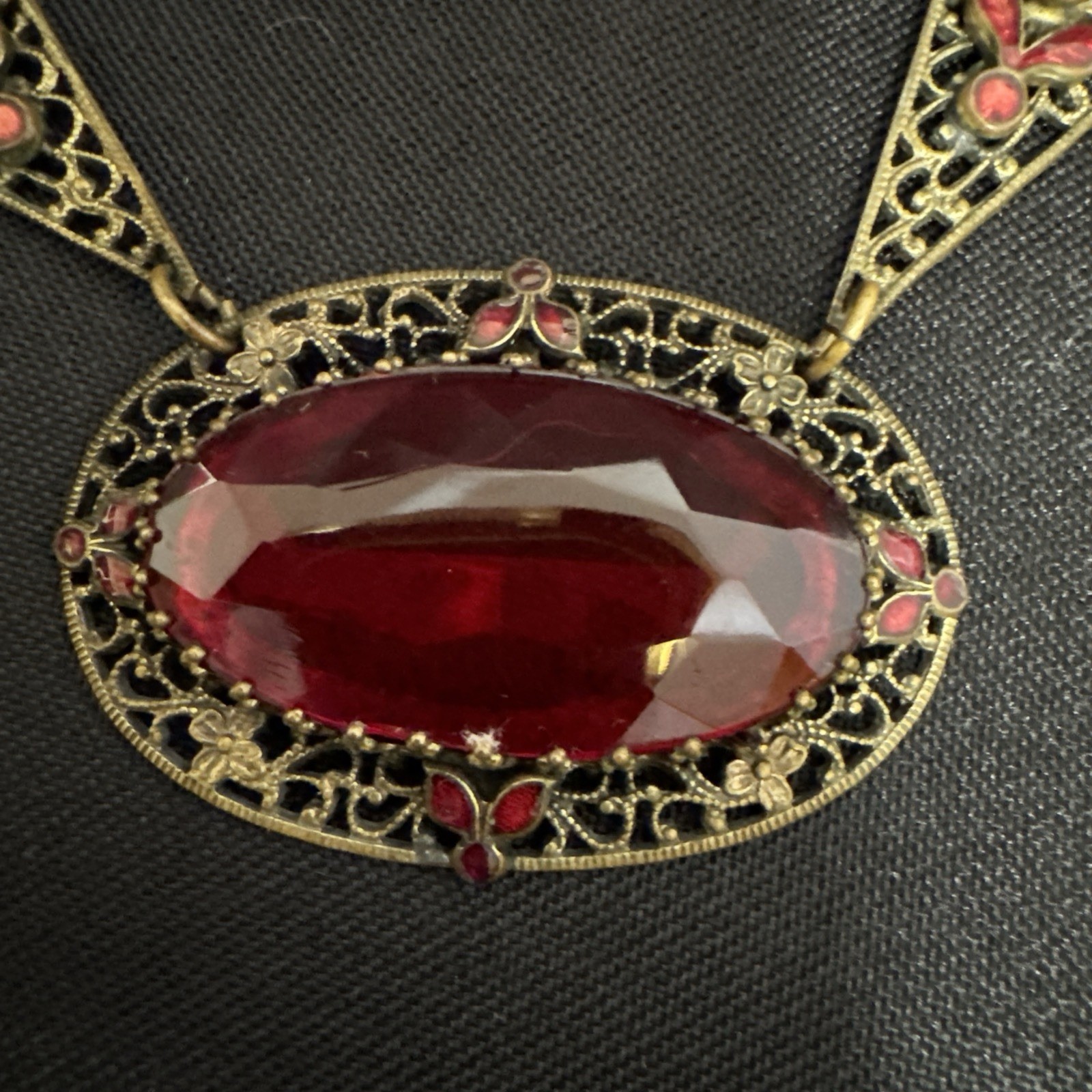 Antique Art Deco Czech Red Glass + Enamel Necklace Circa 1910- 30 Fabulous