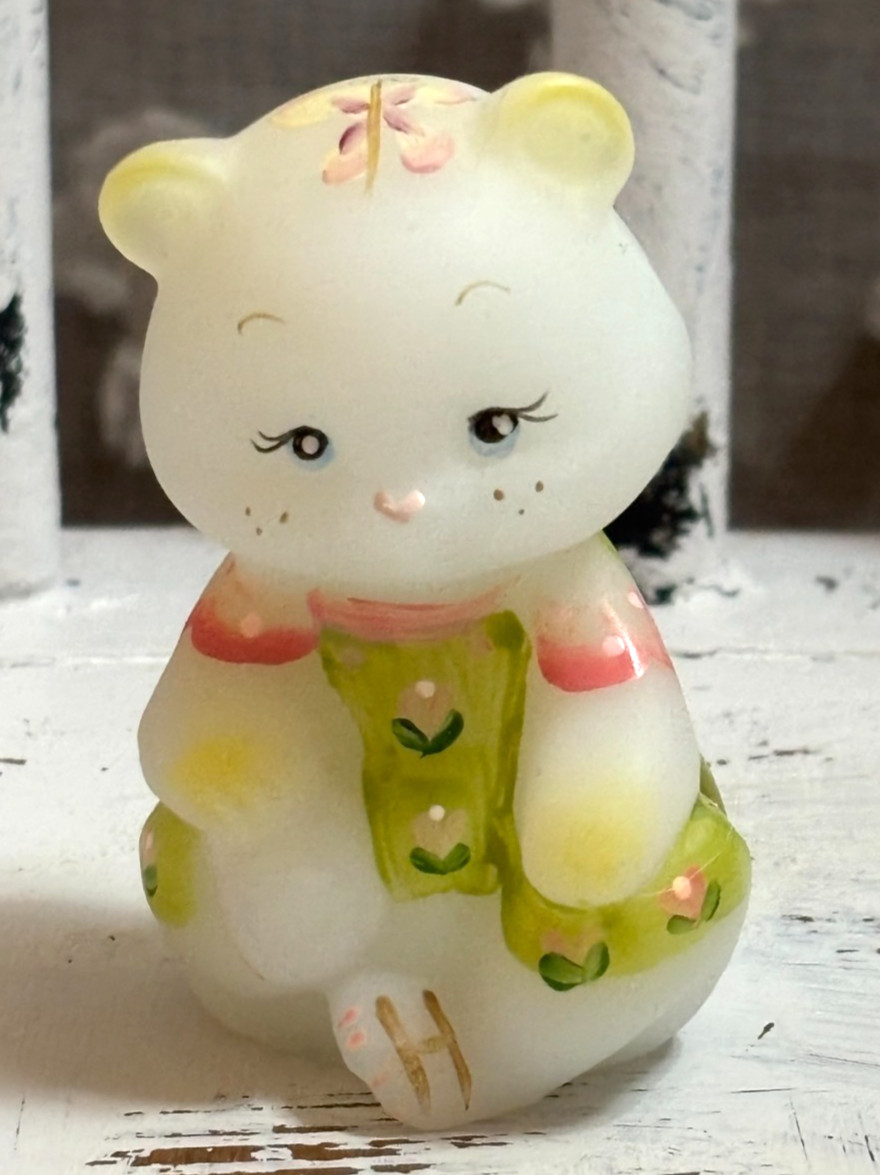 Vintage Fenton Art Glass White Satin, Hand Painted Bear,Signed A. Farley, 81/250