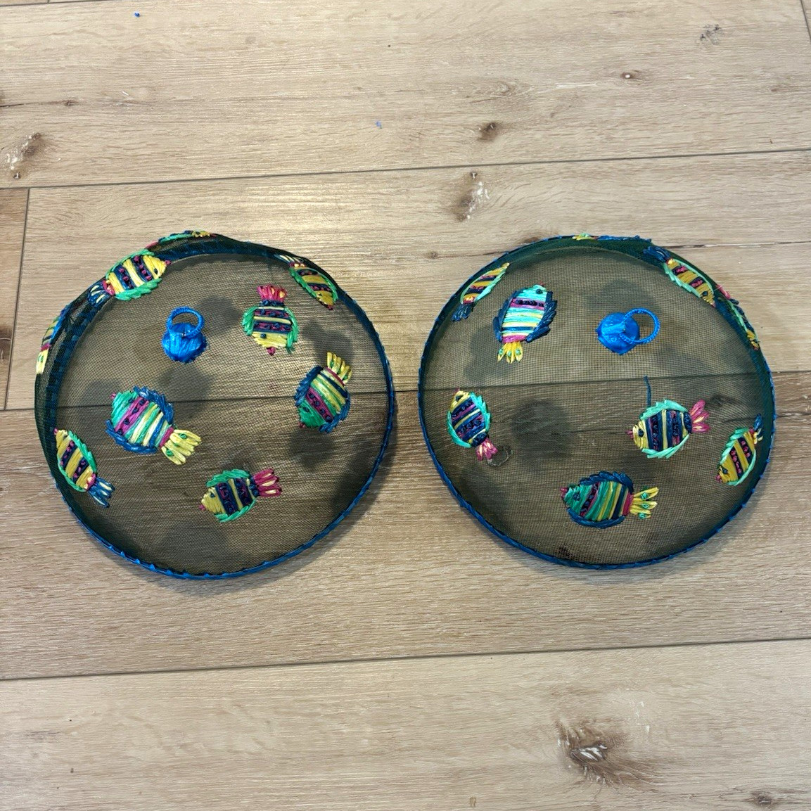 Two Vintage Round Mesh Food Cover Raffia 