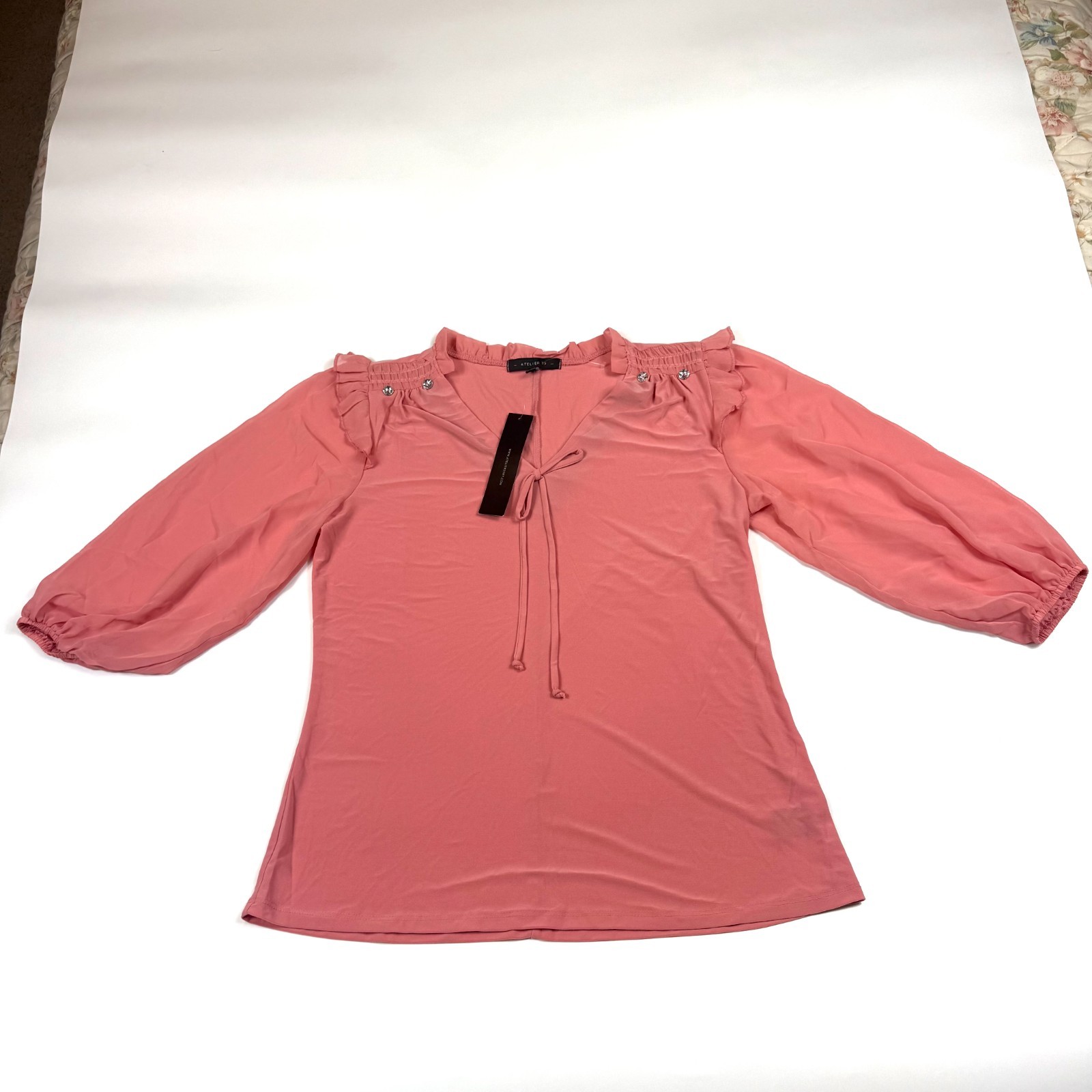 Atelier 29 Blouse Top Womens Medium Pink Ruffled Trim Balloon Sleeve Tie V Neck