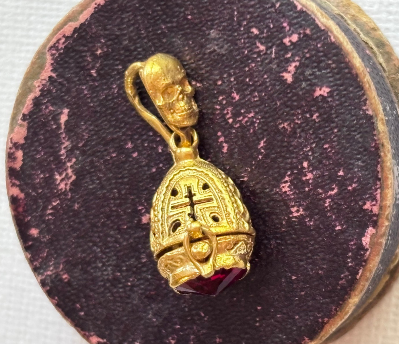 Antique Victorian Memento Mori 19th C Skull Silver Gild Garnet Pill Box Pendant
