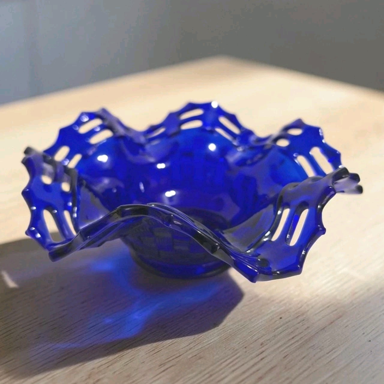 Fenton Cobalt Blue Open Weave Dish Basket Candy Trinket with Lace Rim Vintage