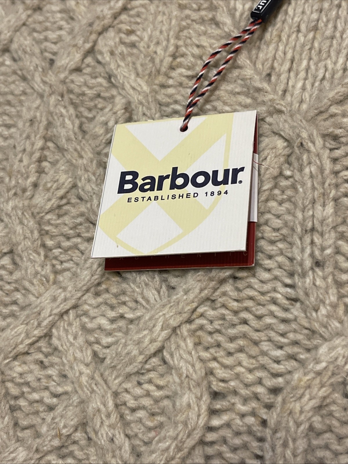 NWT Barbour Men\'s Stark Rope V-Neck Sweater Lambswool Light Stone Beige Large