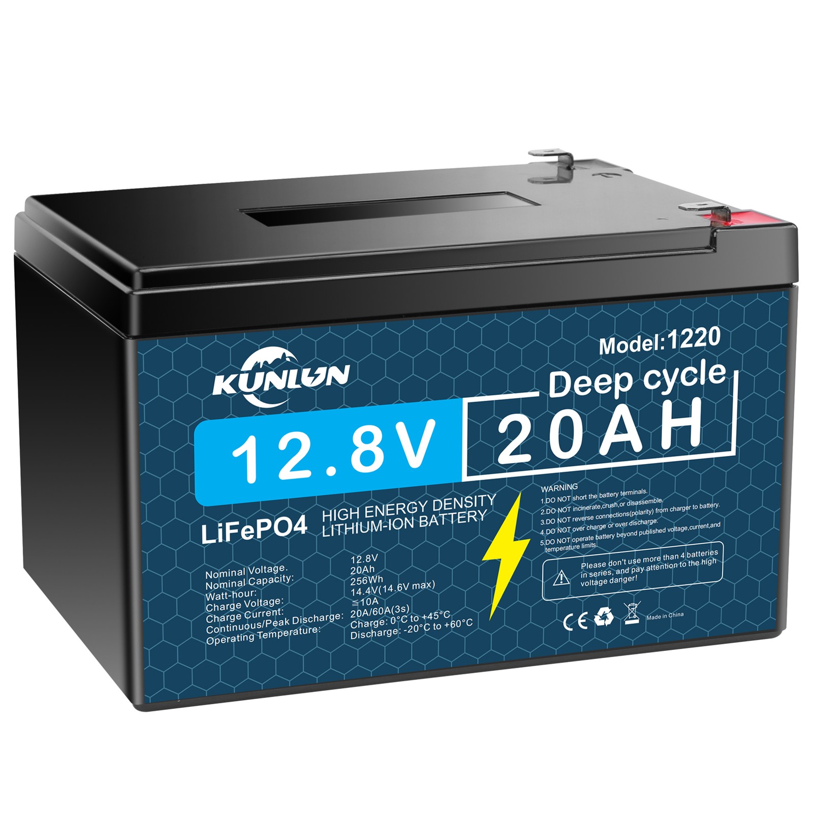 KUNLUN 12V 20Ah LiFePO4 Lithium Iron Battery Deep Cycle Rechargeable Battery -US