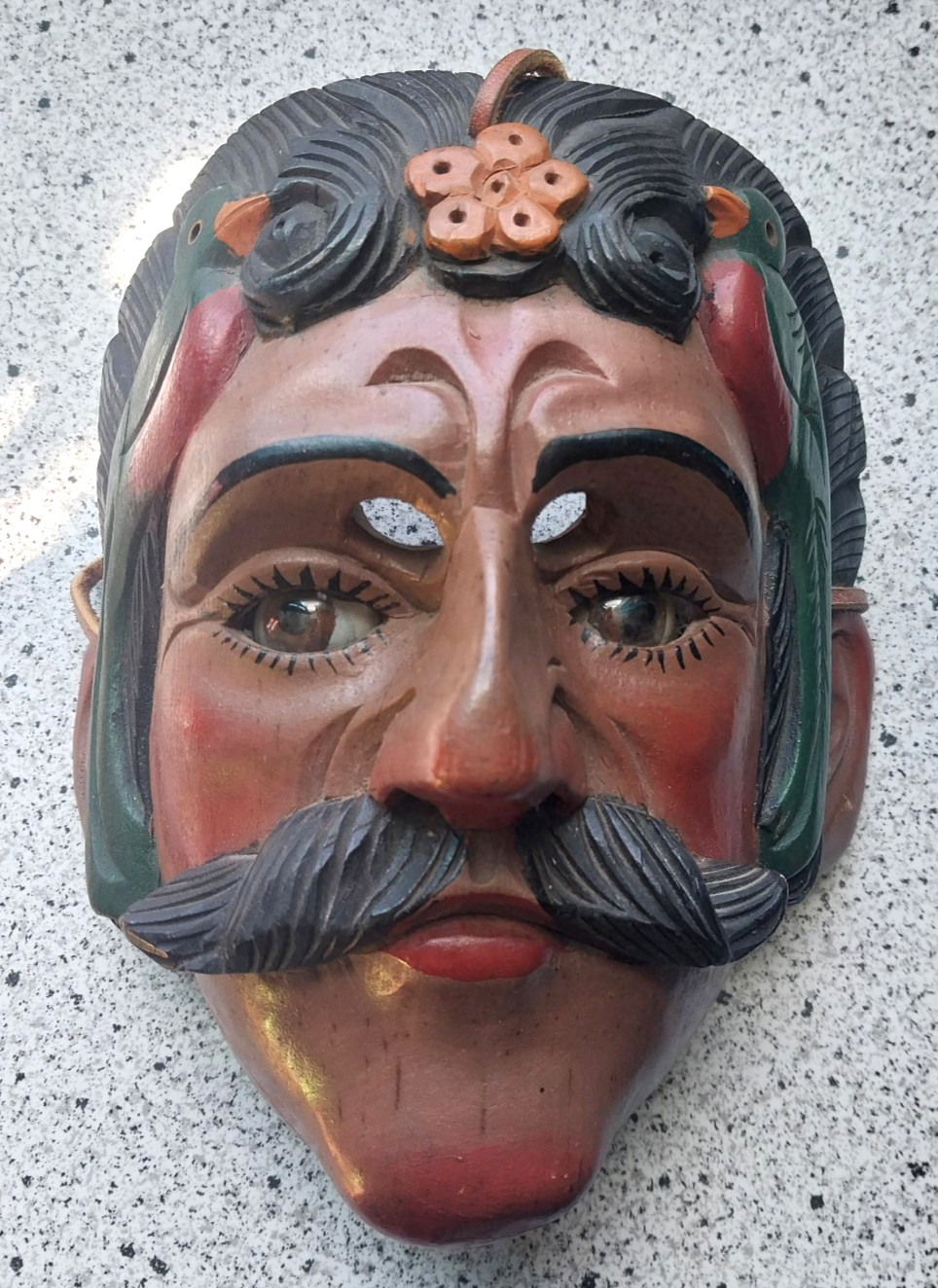 Vtg MCM Hand Carved Folk Art Figural Guatemalan Mask, Glass Eyes, Birds, Signed