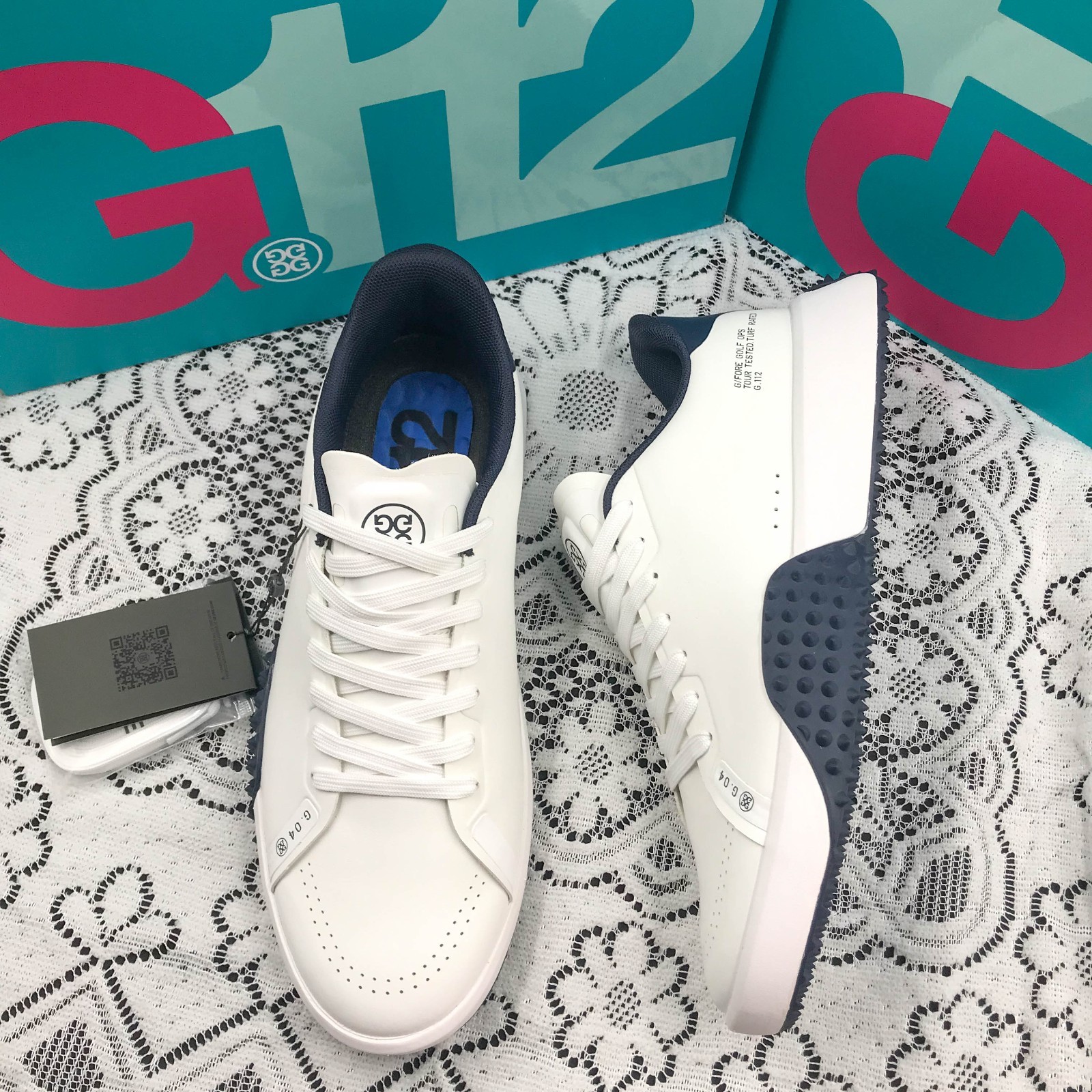 NEW G/FORE G.112 Men's Snow/Twilight Golf Shoes PU Leather White/Blue Sneakers NEW G/FORE G.112 Men's Snow/Twilight Golf Shoes PU Leather White/Blue Sneakers