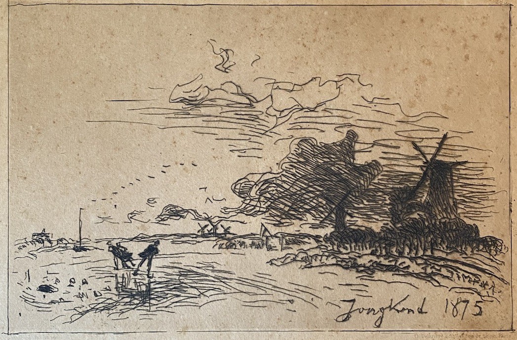Jongkind 1875 Etching Windmill Landscape Antique European Signed