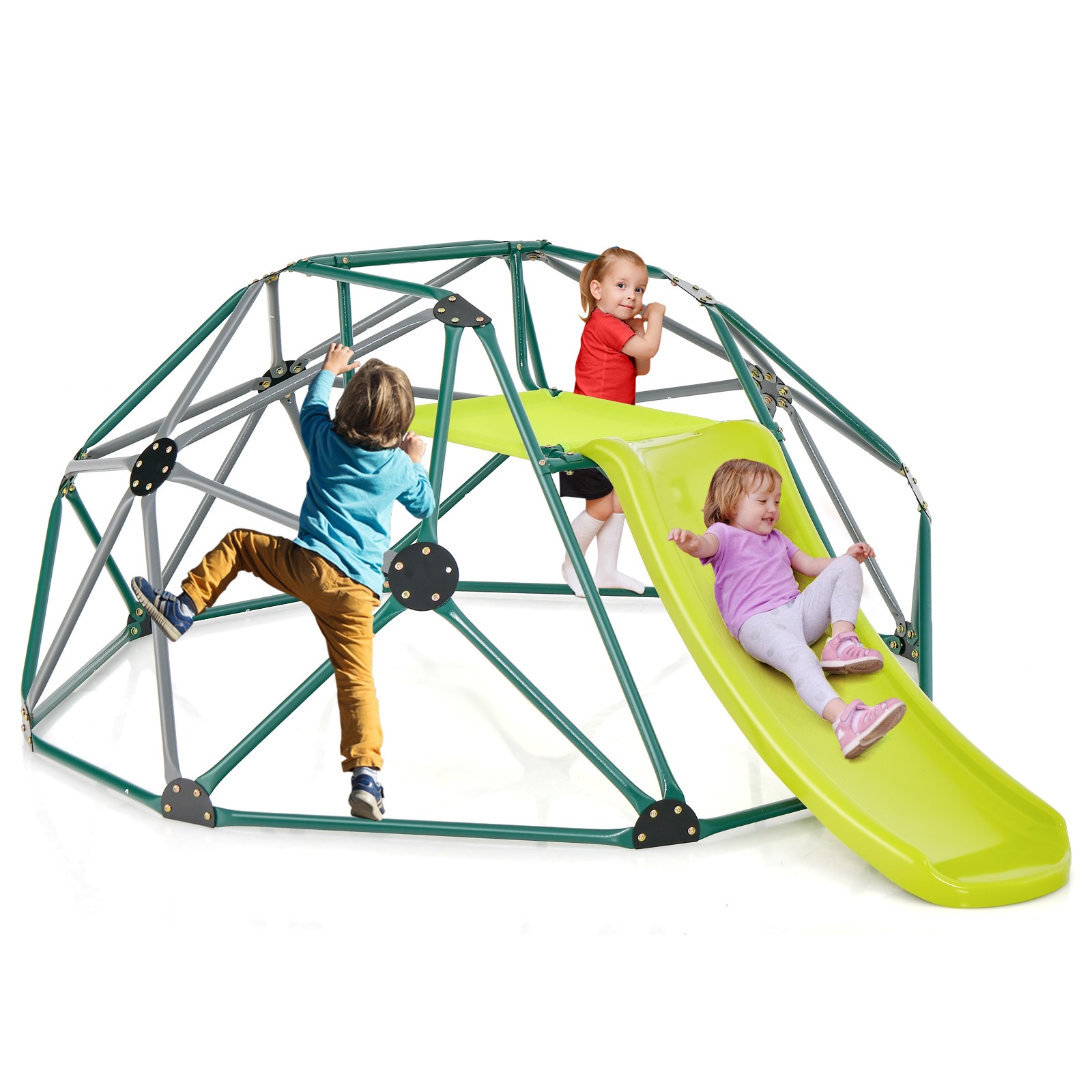 8FT Climbing Dome with Slide Outdoor Kids Jungle Gym Dome Climber, Green & Gray