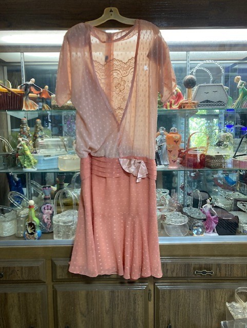  1920\'s Salmon Flocked Dress Pearl Buttons back, hand designed/sewn