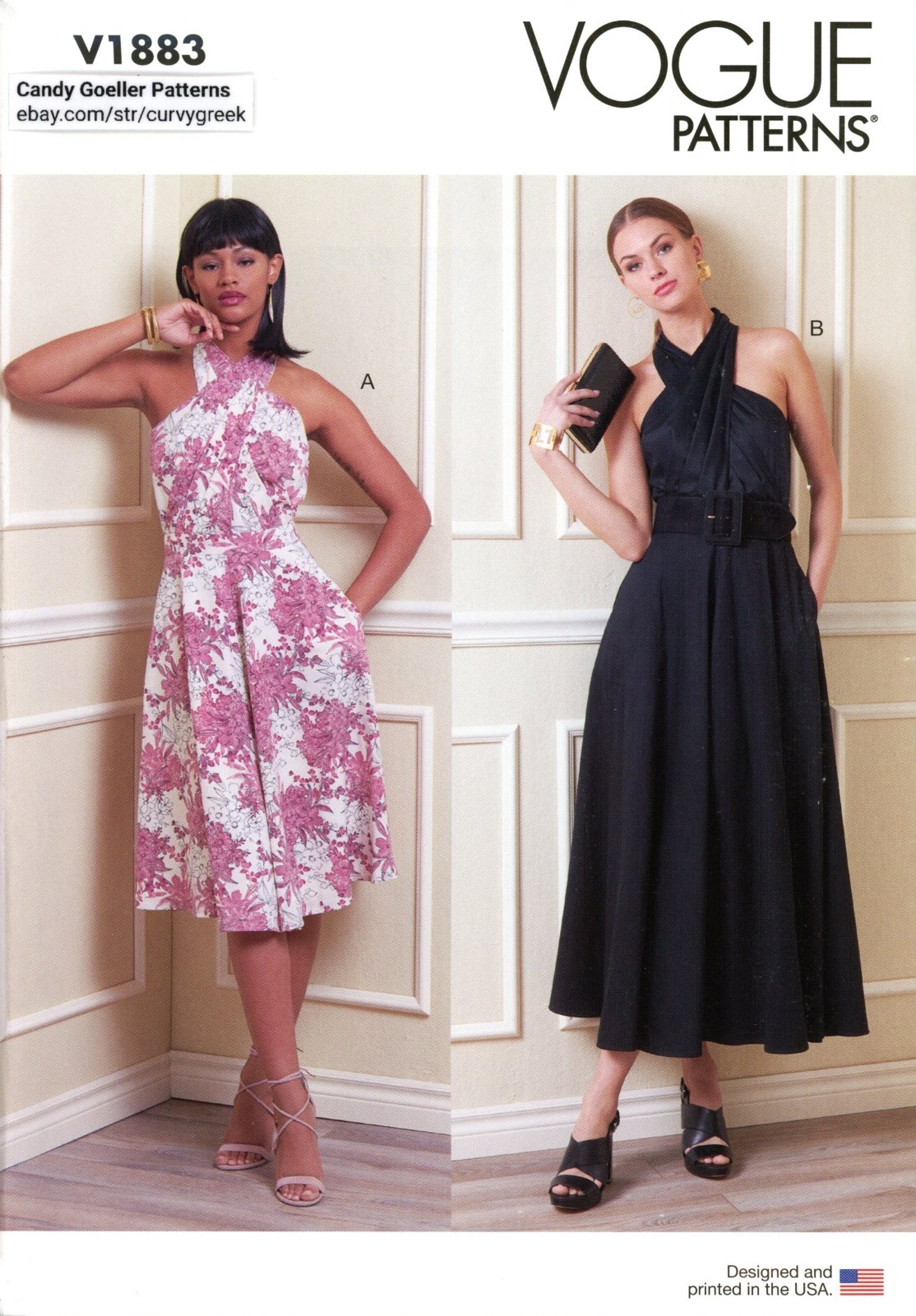 Vogue V1883 Criss-Cross Halter Dress w Bodice Pleats & Pockets Sz 6-14 UNCUT