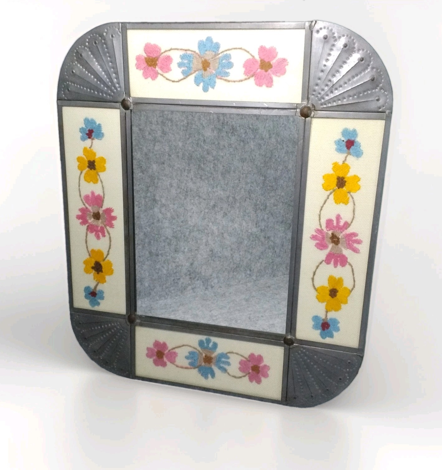 Title: Rare Vintage Signed Emilio & Senaida Romero Hand-Punched Tin Mirror w/ Co
