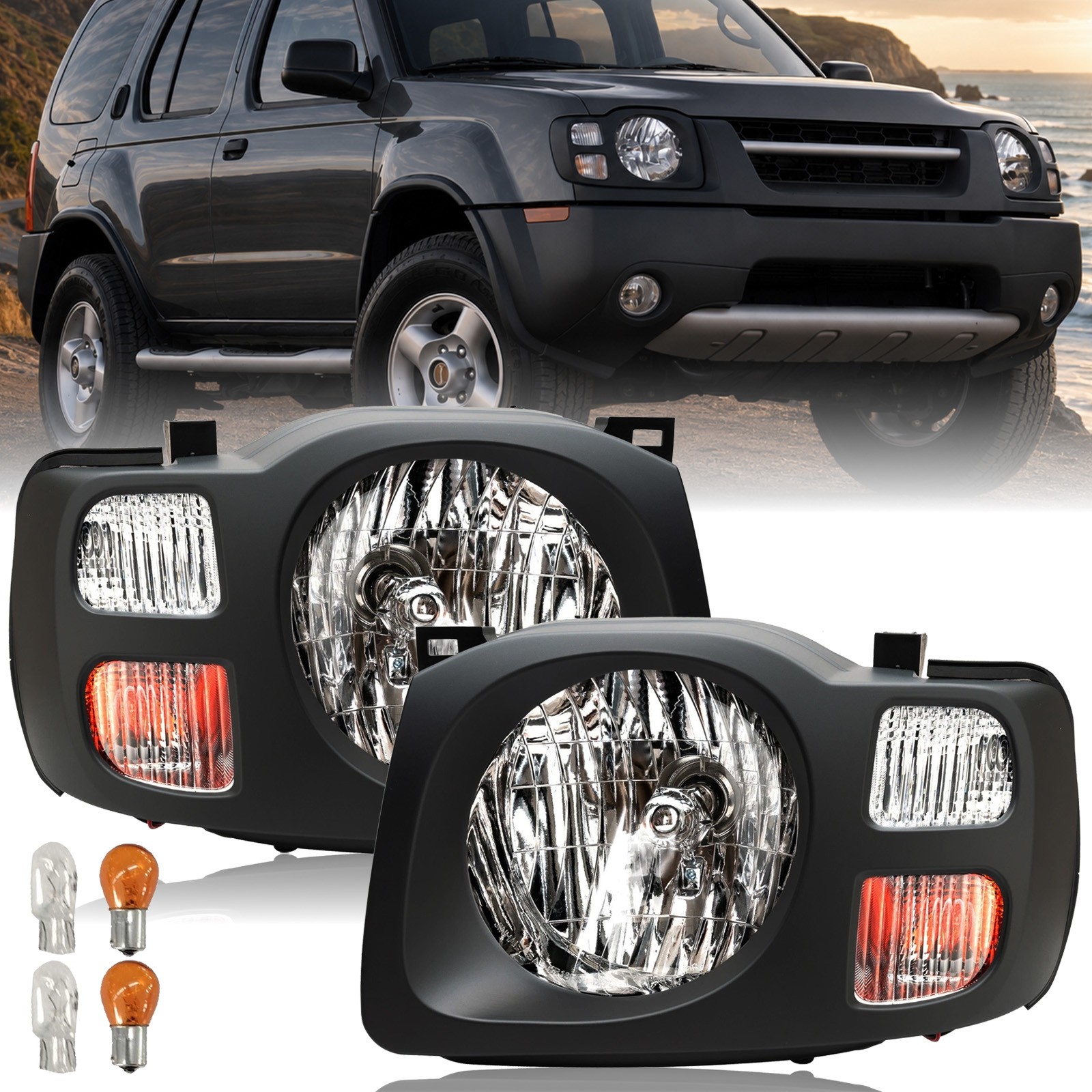 For 2002 2003 2004 Nissan Xterra Black Headlights Left & Right Side W/Bulbs