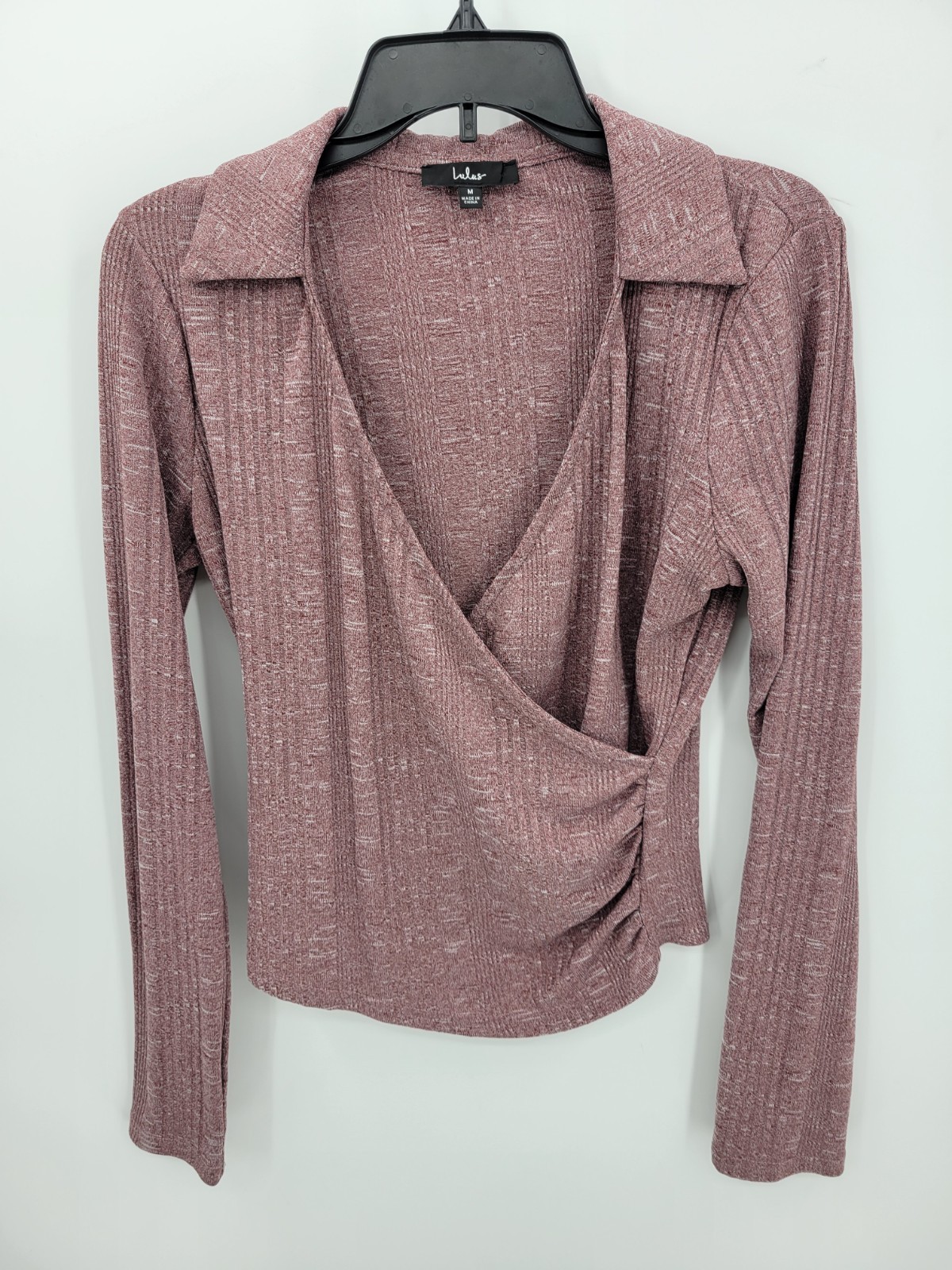 Lulus Top Womens Medium Maroon Space Dye Mock Wrap Collared Long Sleeve Boho