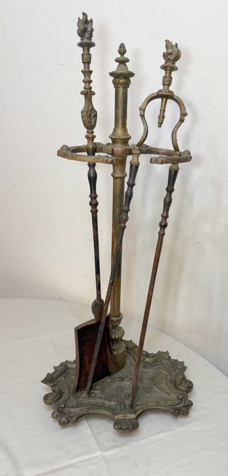 Antique ornate 19th century gilt bronze brass fireplace tool tongs shover set
