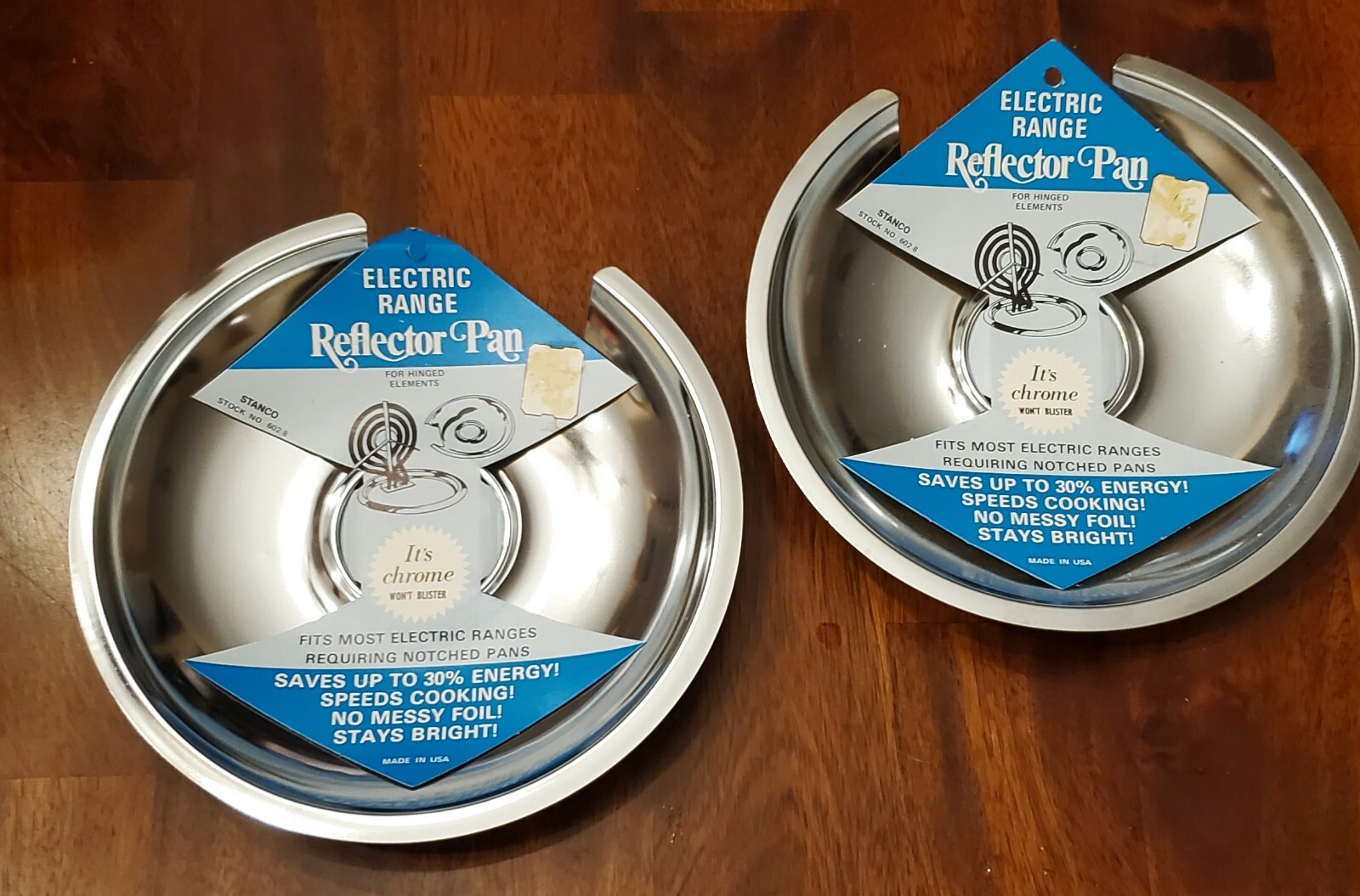 2 Stanco 602-8 Chrome  Electric Range Reflector Pans for hinged Elements 8 in. 