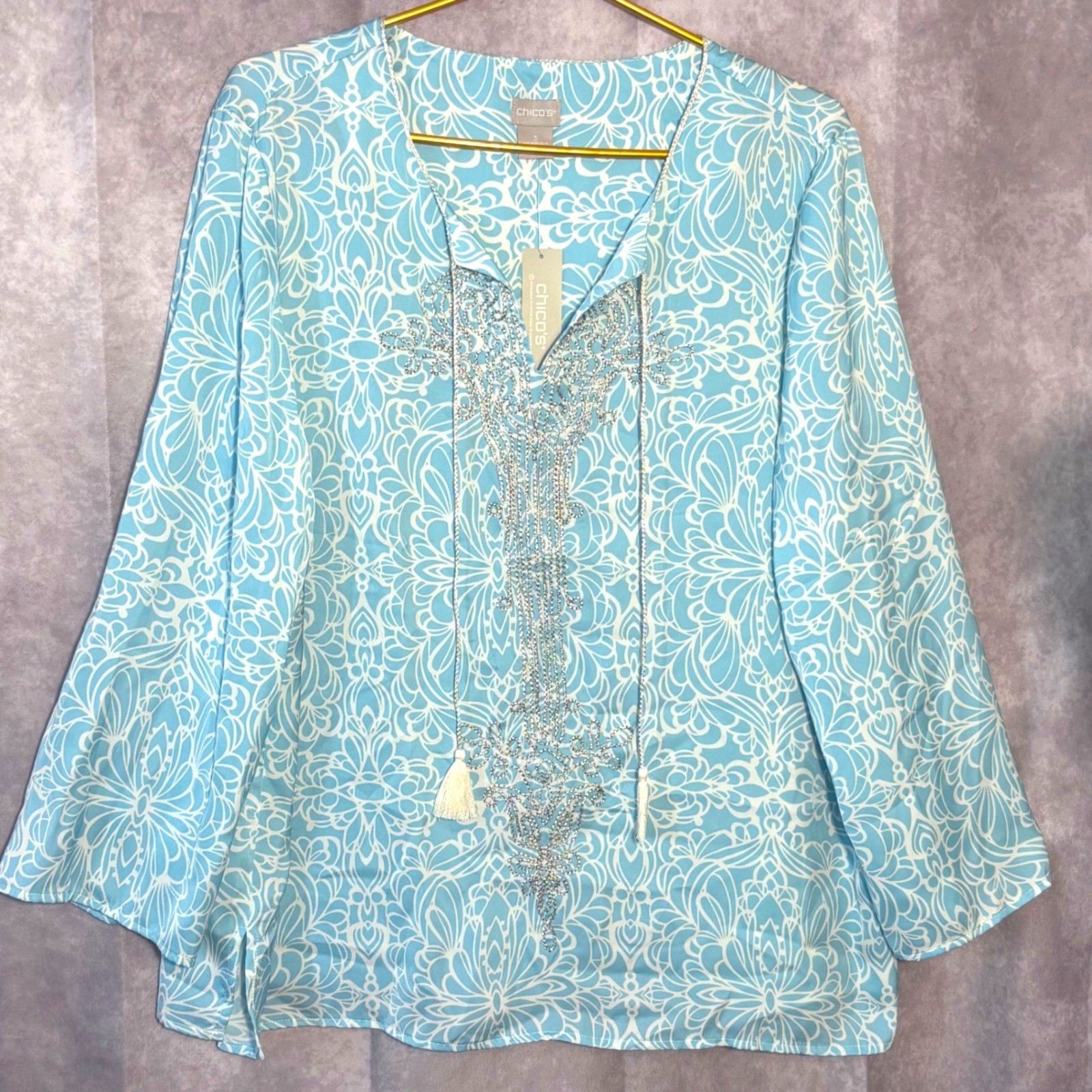 NWT Chico\'s Embellished V-Neck Tunic Tassels Top Women Size 3 Blue White Boho