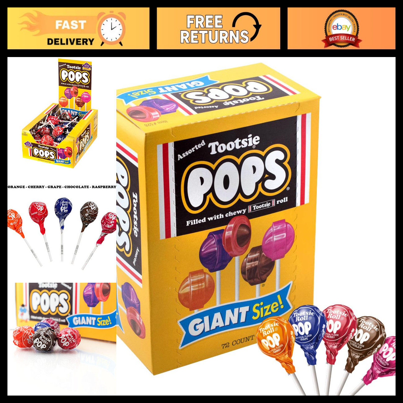 Giant Tootsie Pops Assorted Flavors - 72 Count, Perfect for Parties & Treats