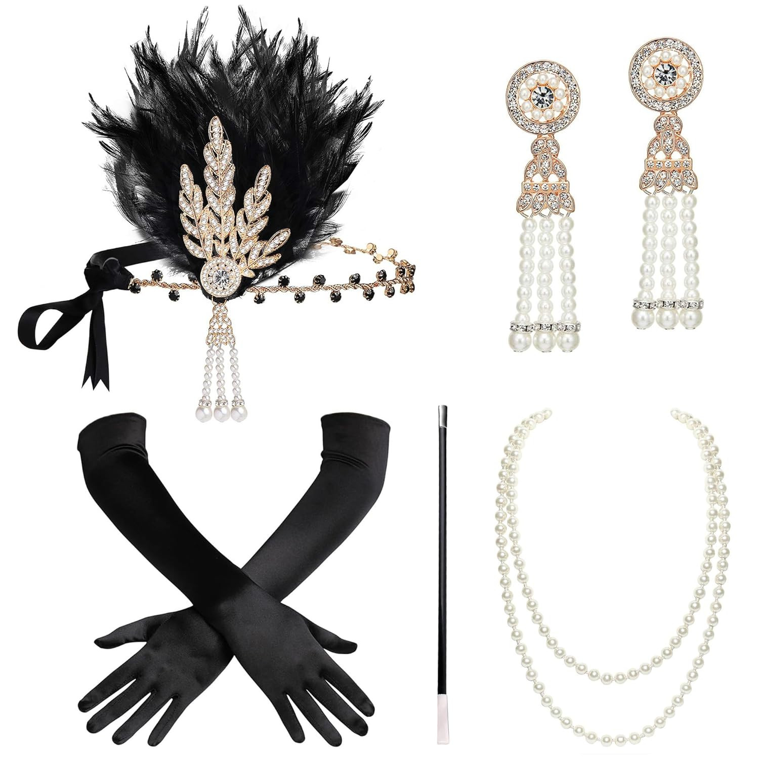BABEYOND 1920S Flapper Gatsby Costume Accessories Set 20S Flapper Headband Pearl