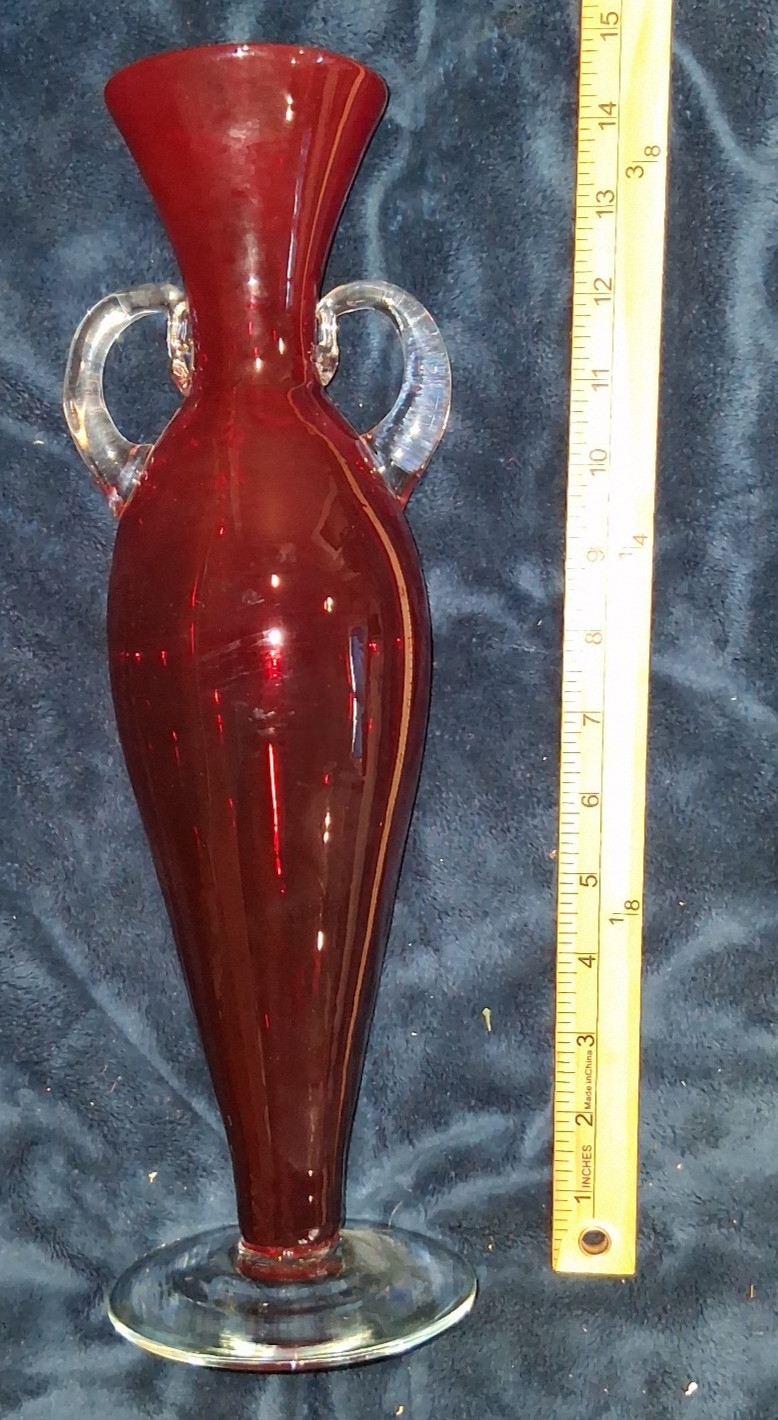Vtg Blenko Ruby Red Handcrafted Art Glass Footed Vase with Applied Handles