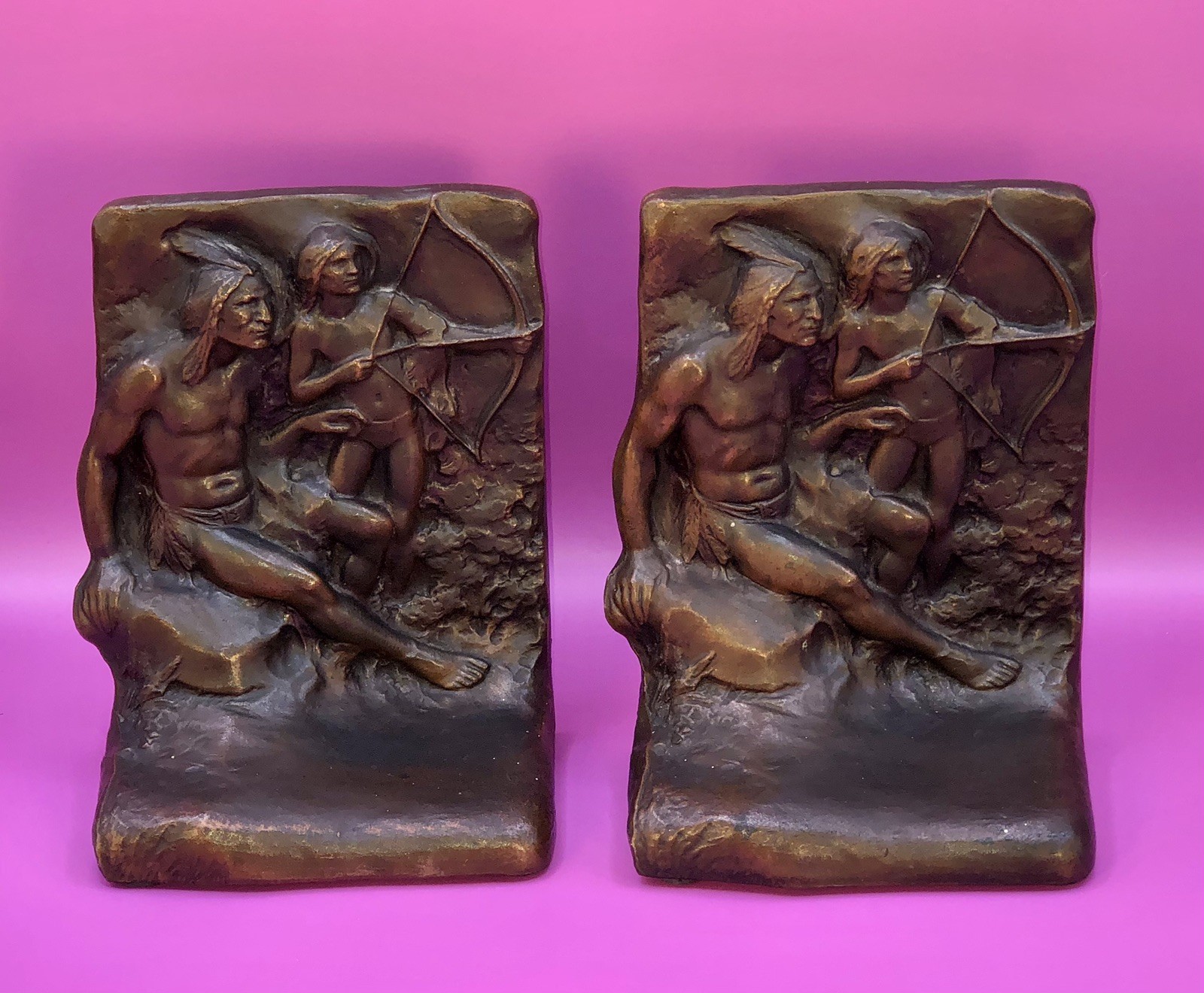 Antique Weidlich Brothers Bronze BOOKENDS Native American Archers Indians #644 Antique Weidlich Brothers Bronze BOOKENDS Native American Archers Indians #644