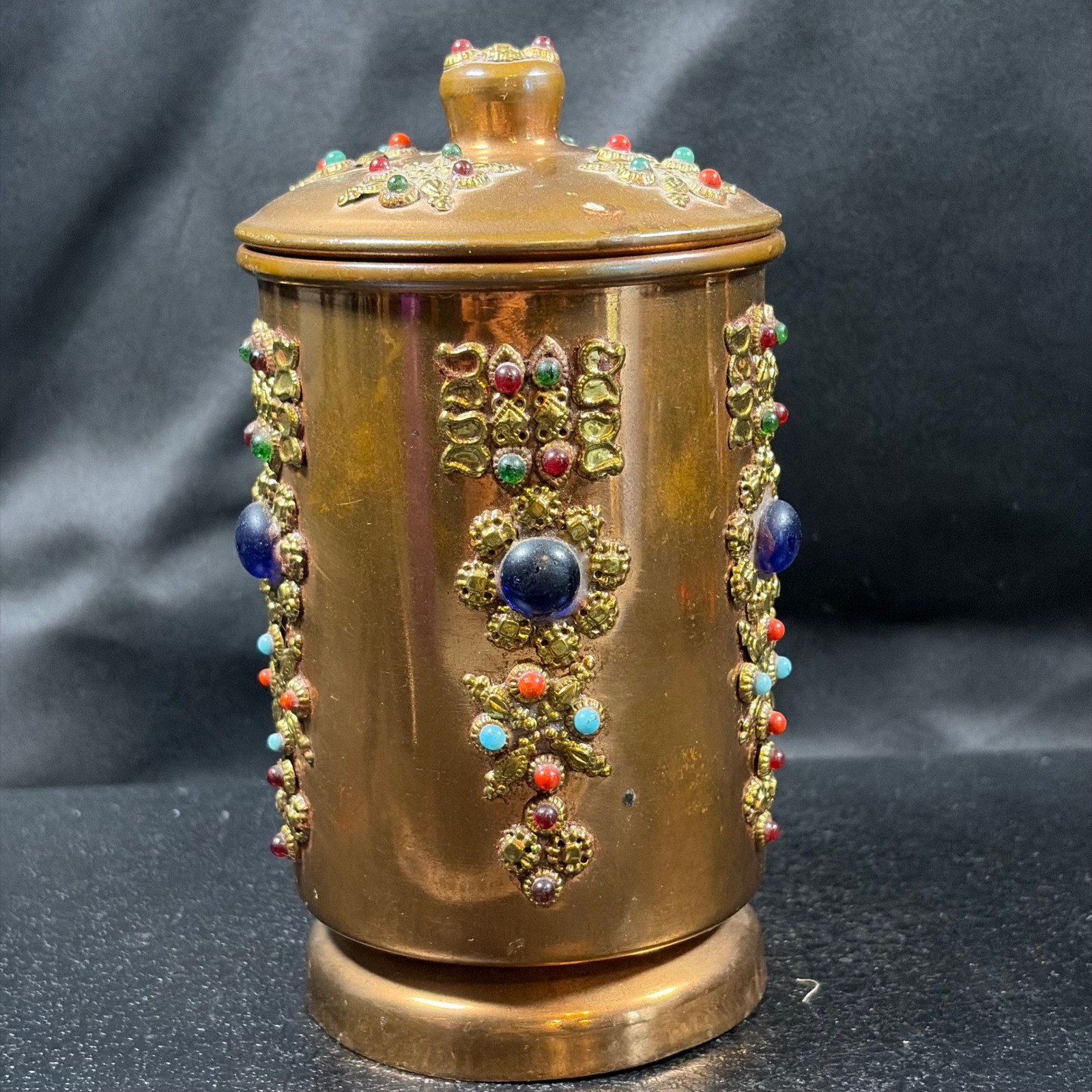 Antique Jeweled Copper Canister Ornate Filigree Glass Cabochon Lidded Jar 5.25in
