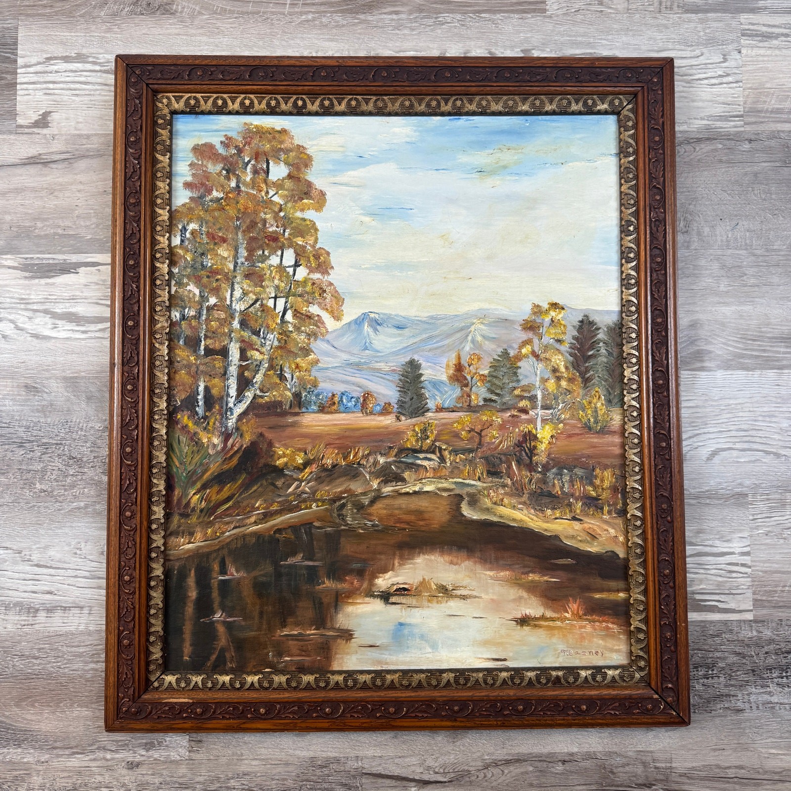 Vintage 60s Original Signed Autumn Landscape Painting Framed Mountain River Art