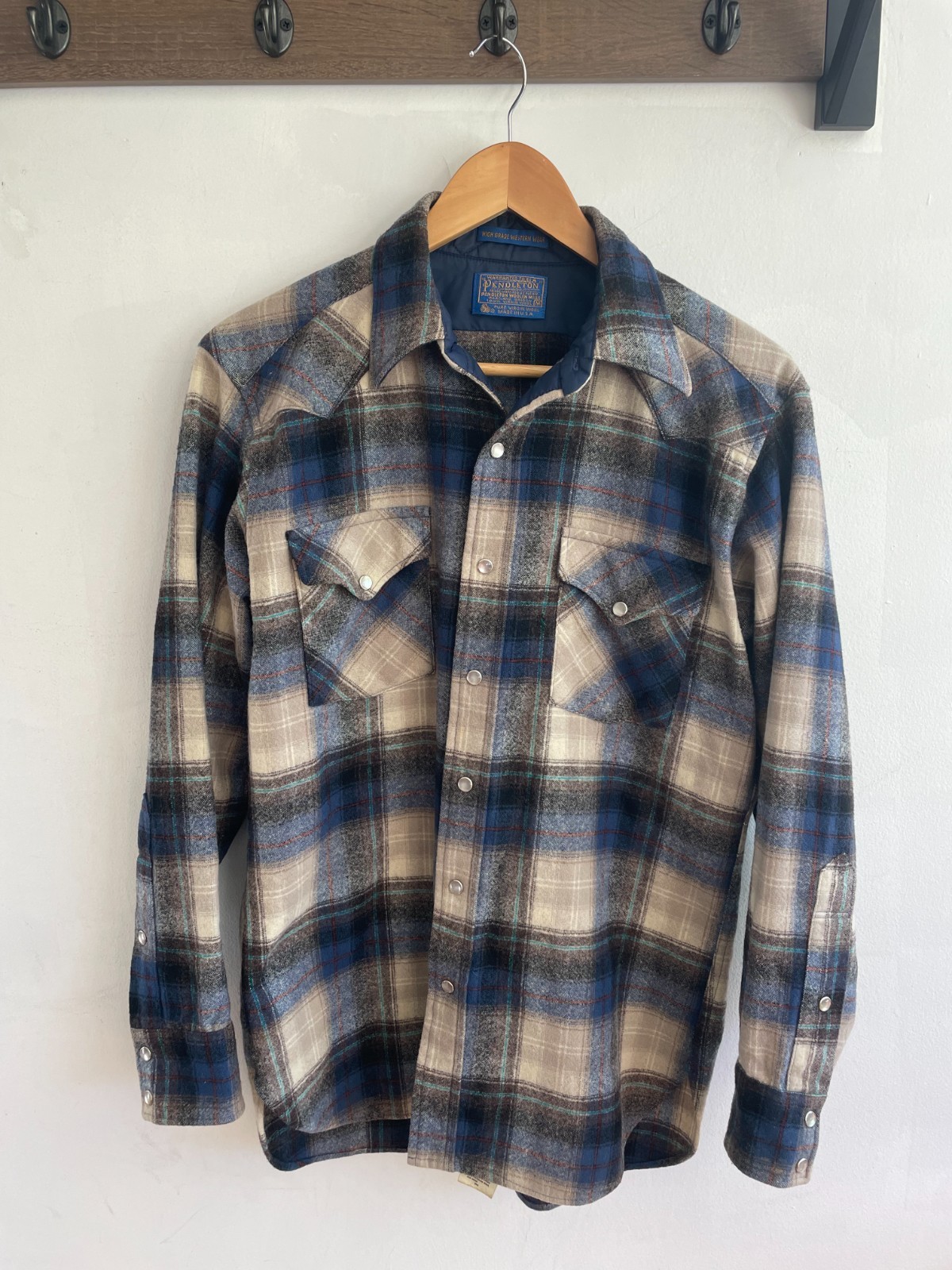 Vintage 70s Pendleton Wool Button Shirt USA Made Western Wear Plaid Blue Medium Vintage 70s Pendleton Wool Button Shirt USA Made Western Wear Plaid Blue Medium